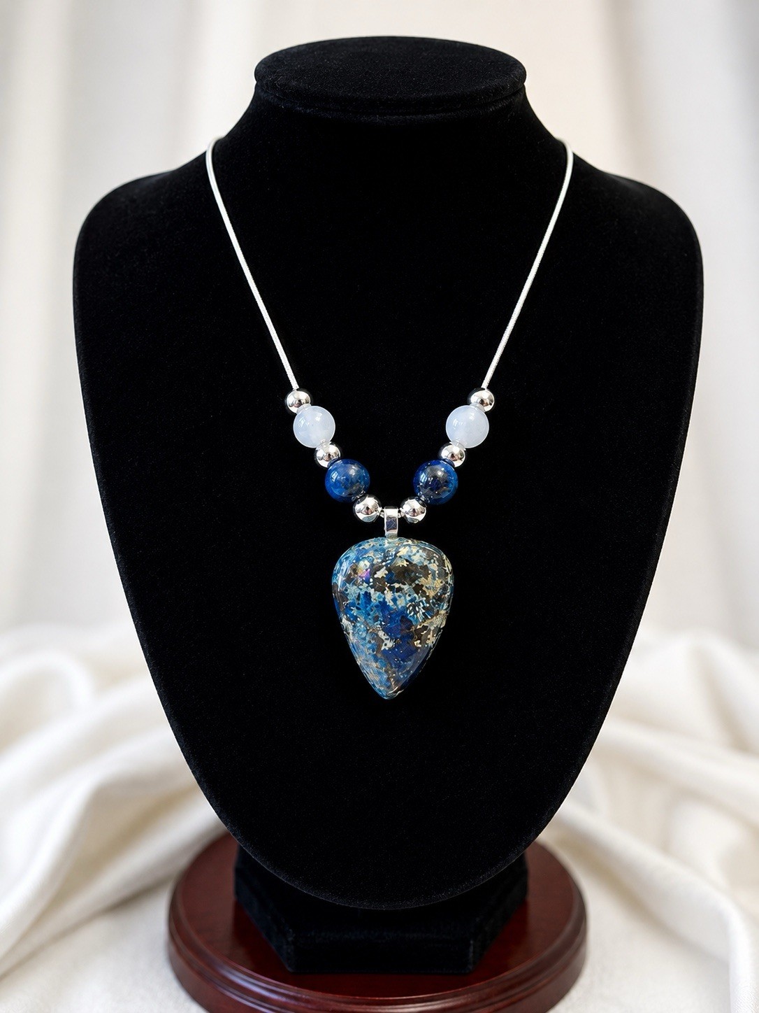 Handcrafted Azurite Pendant Beaded Necklace with Blue/White Beads