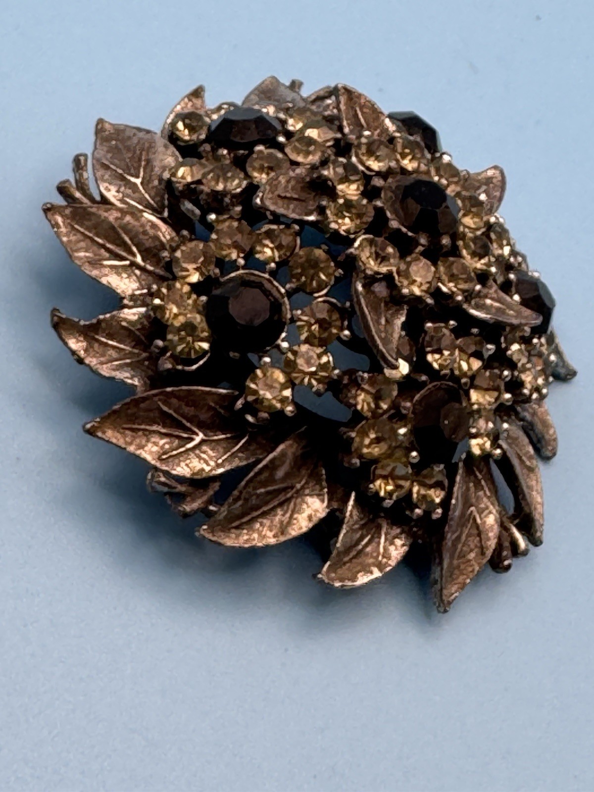 Gold Tone Floral Leaf Brooch Pin Black & Clear Round Rhinestones 2.5 in