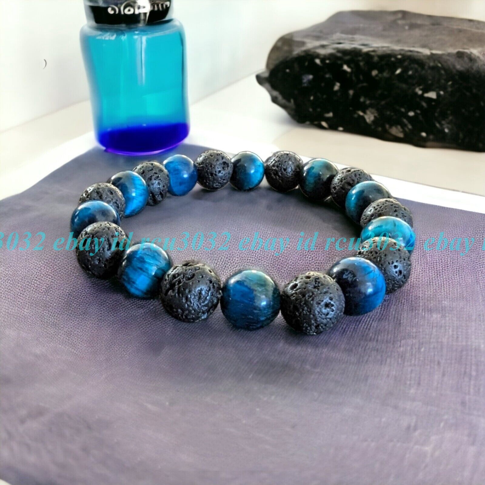 6-12mm Volcanic Lava Stone Blue Tiger’s Eye Beads Bracelet for Women Men 7.5in