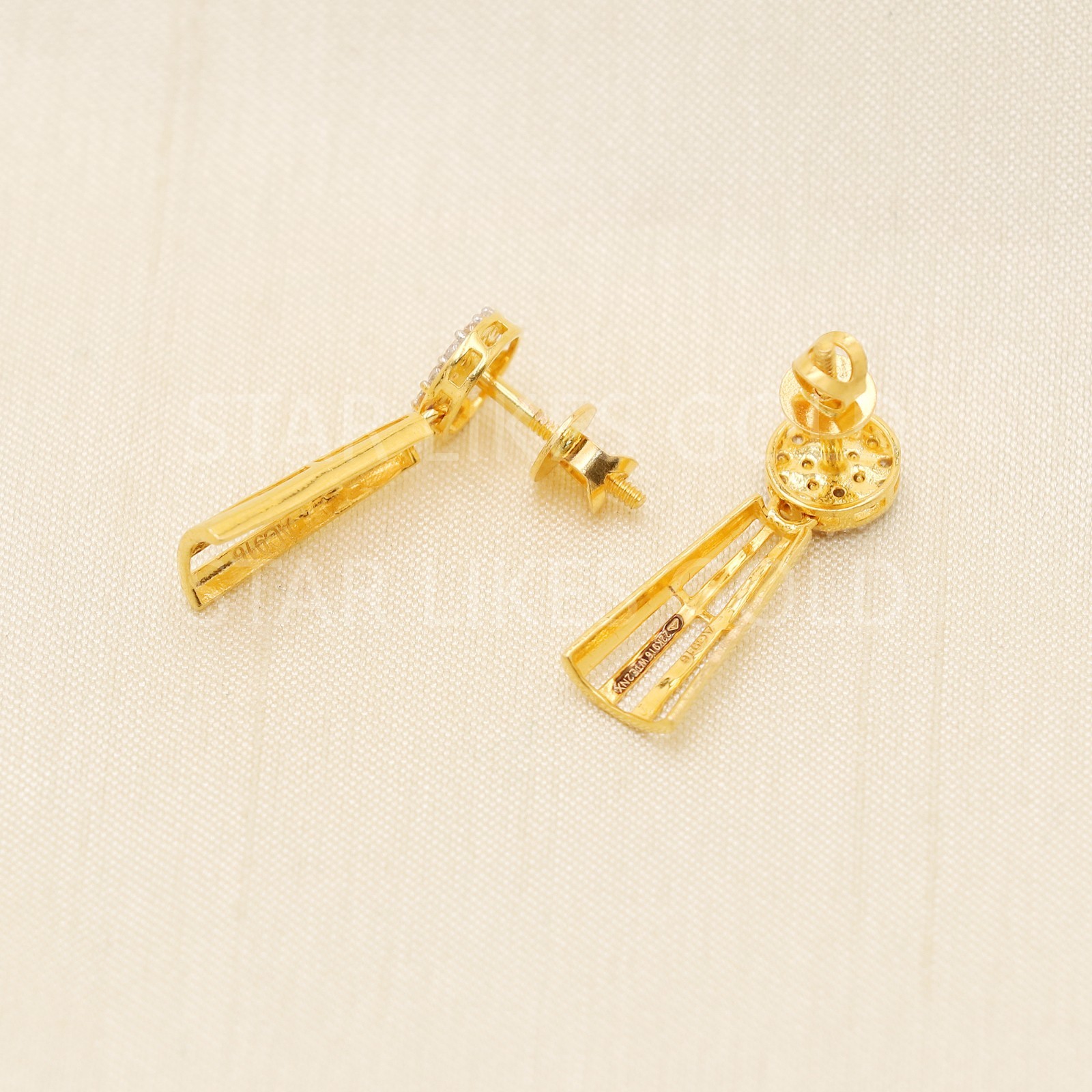 Pure 22ct Gold Cubic Zirconia Round Disc Post Pillar Jali Chandelier Tops