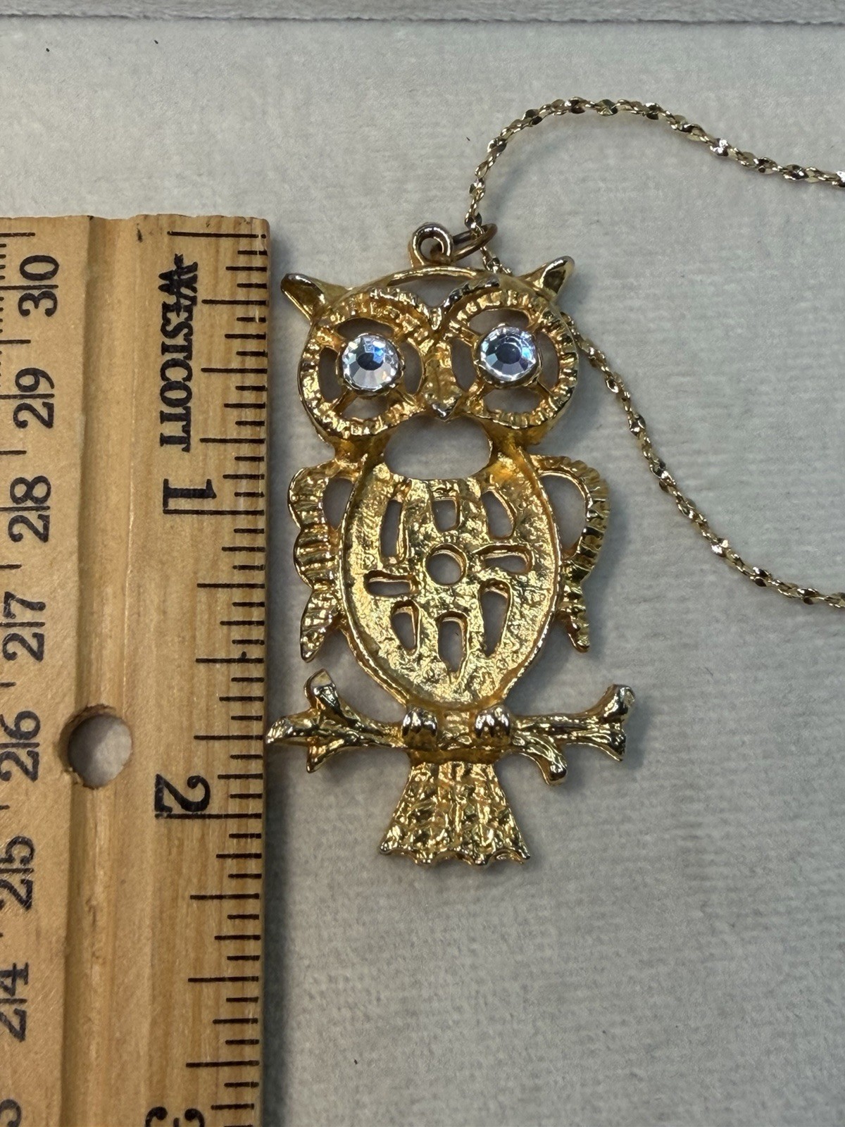 Gold Tone Owl Charm Pendant Necklace Blue Rhinestone Eyes 22in Adjustable
