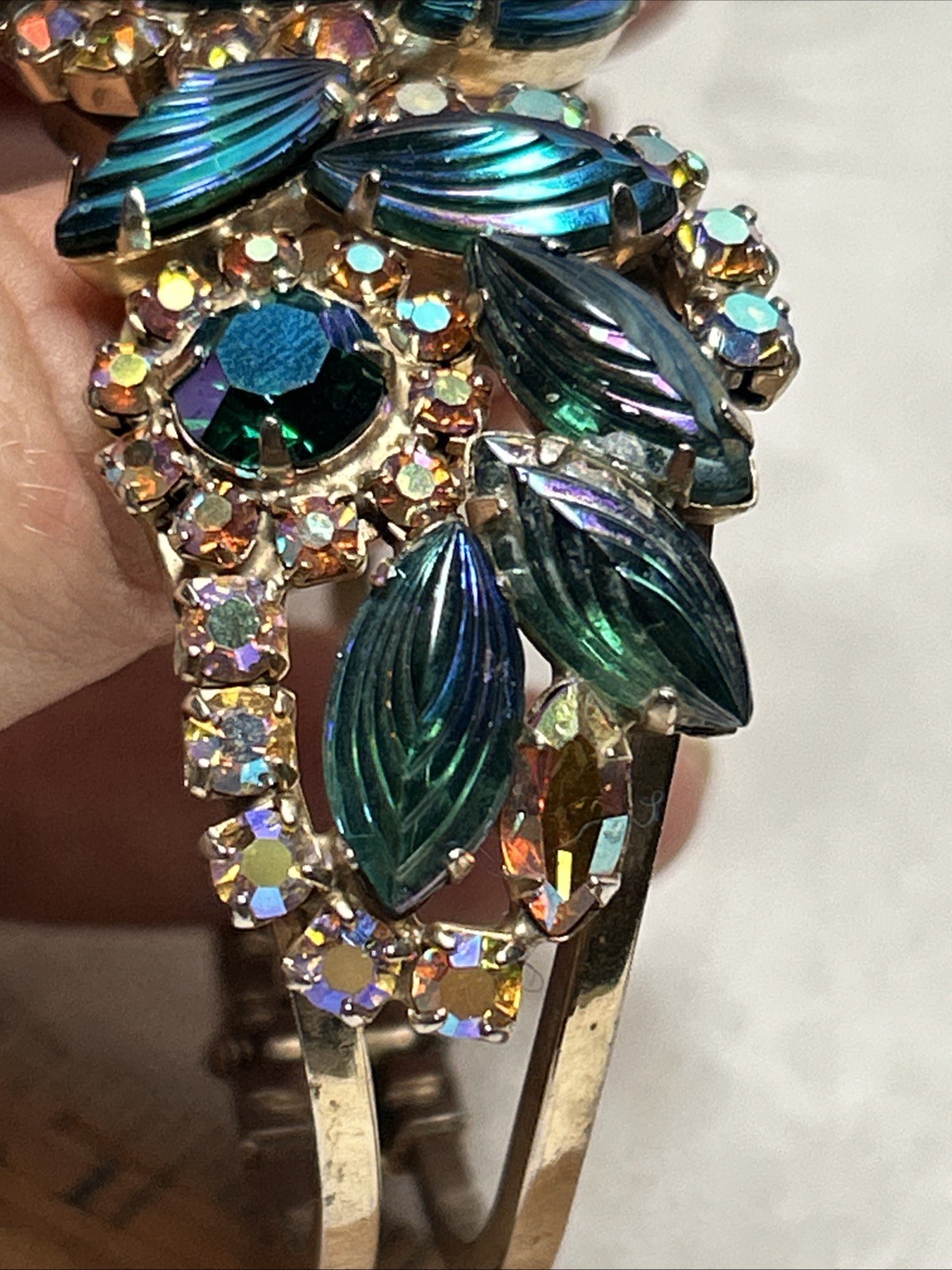Vtg Clamper Bracelet Earrings Set Heliotrope Watermelon Glass Stones Unsigned