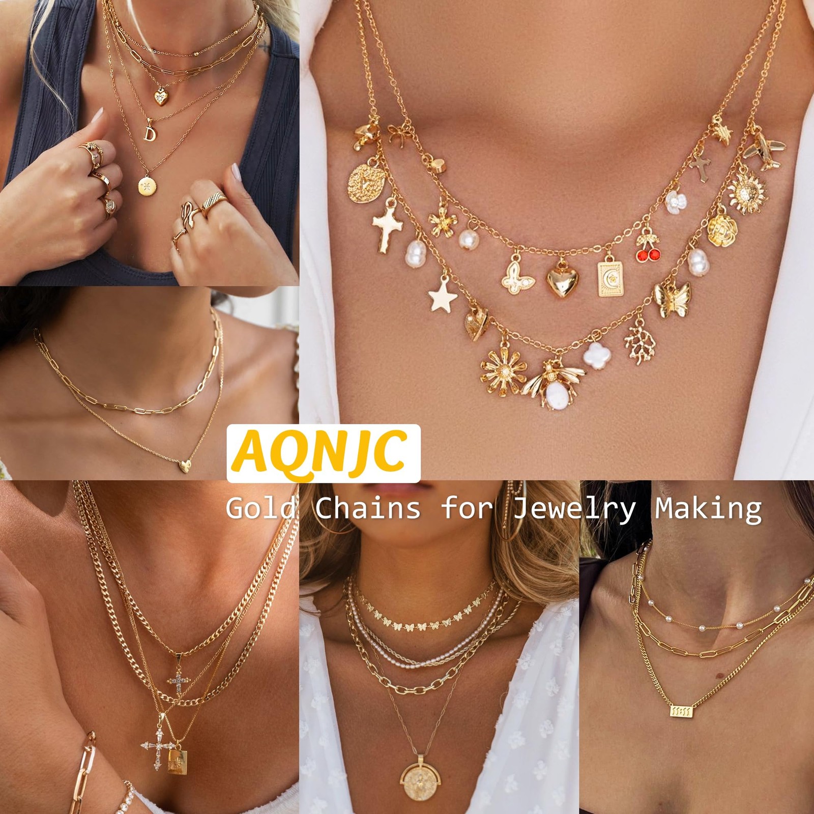 Gold Chain for Jewelry Making, 98 Feet 12 Rolls Jewelry Chains with Gold Charms