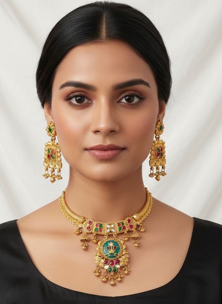 Indian Necklace Jewelry Bollywood Gold Heritage Bridal Earring Kundan Choker Set