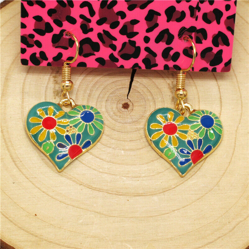 Cute Gold Green Multicolor Enamel Flower Heart Charm Hook Dangle Drop Earrings