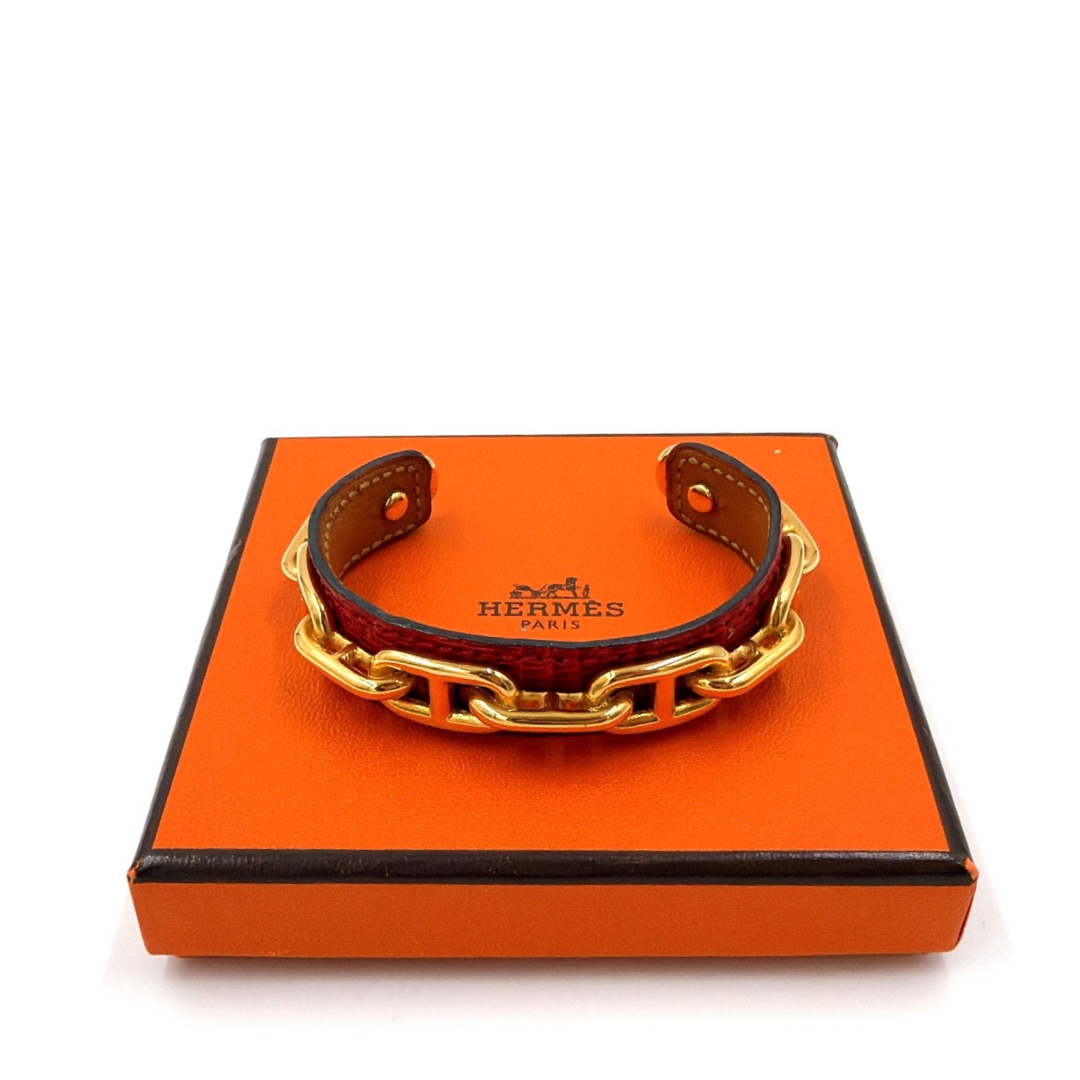 Hermes Chaine d’Ancre Cuff Bangle Lizard Leather Red Gold Chain Link Box Auth