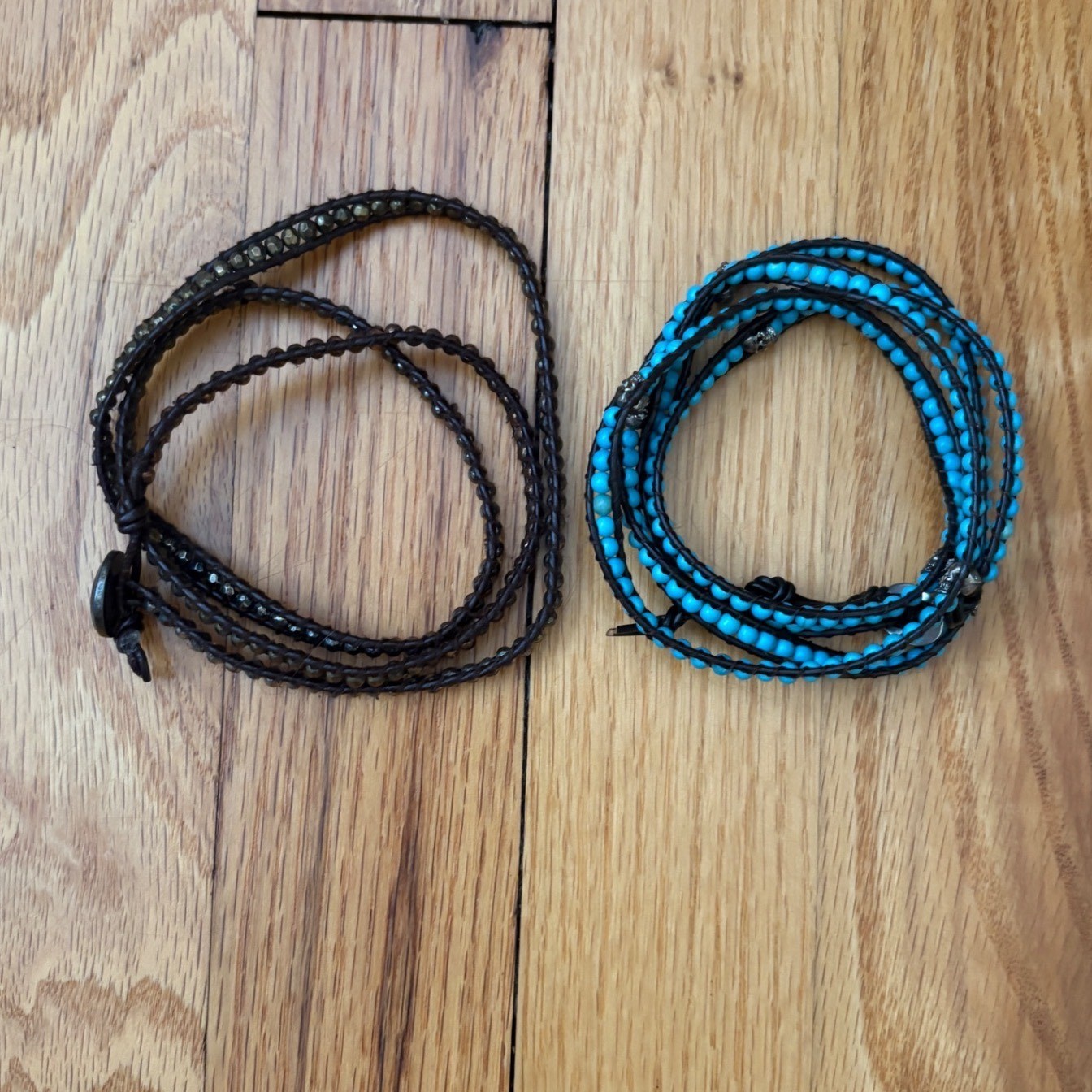 Leather Wrap Bracelet Set Turquoise Skull & Metallic Beads Boho 2pc