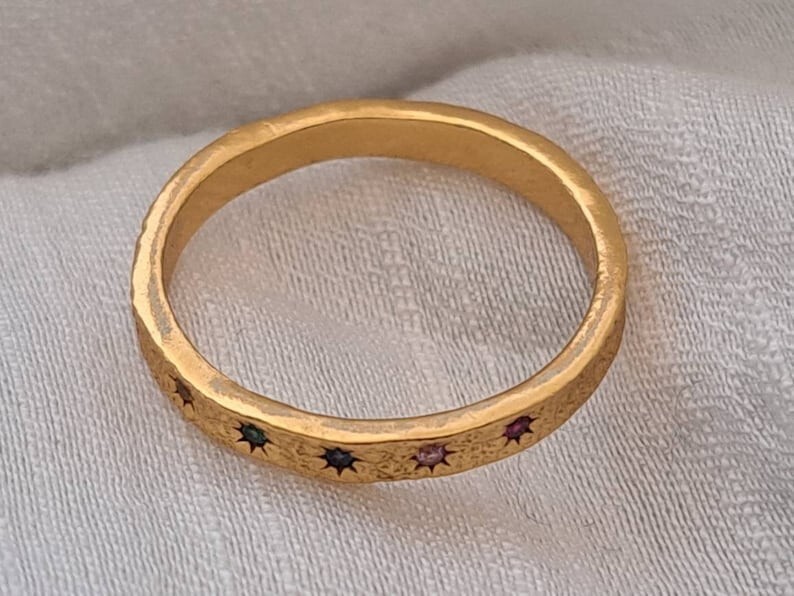 Silver Hammered Band Ring Star Birthstone Band – Unique Handmade Jewelry