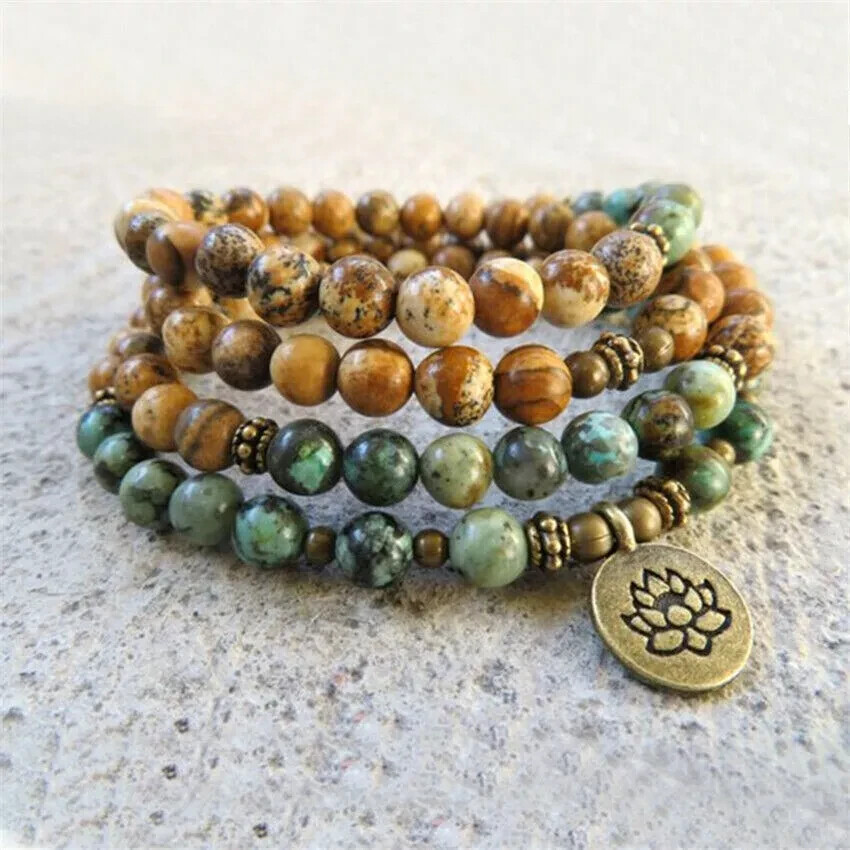 African Turquoise 108 Mala Beads Prayer Meditation Necklace Wrap Bracelet Gift