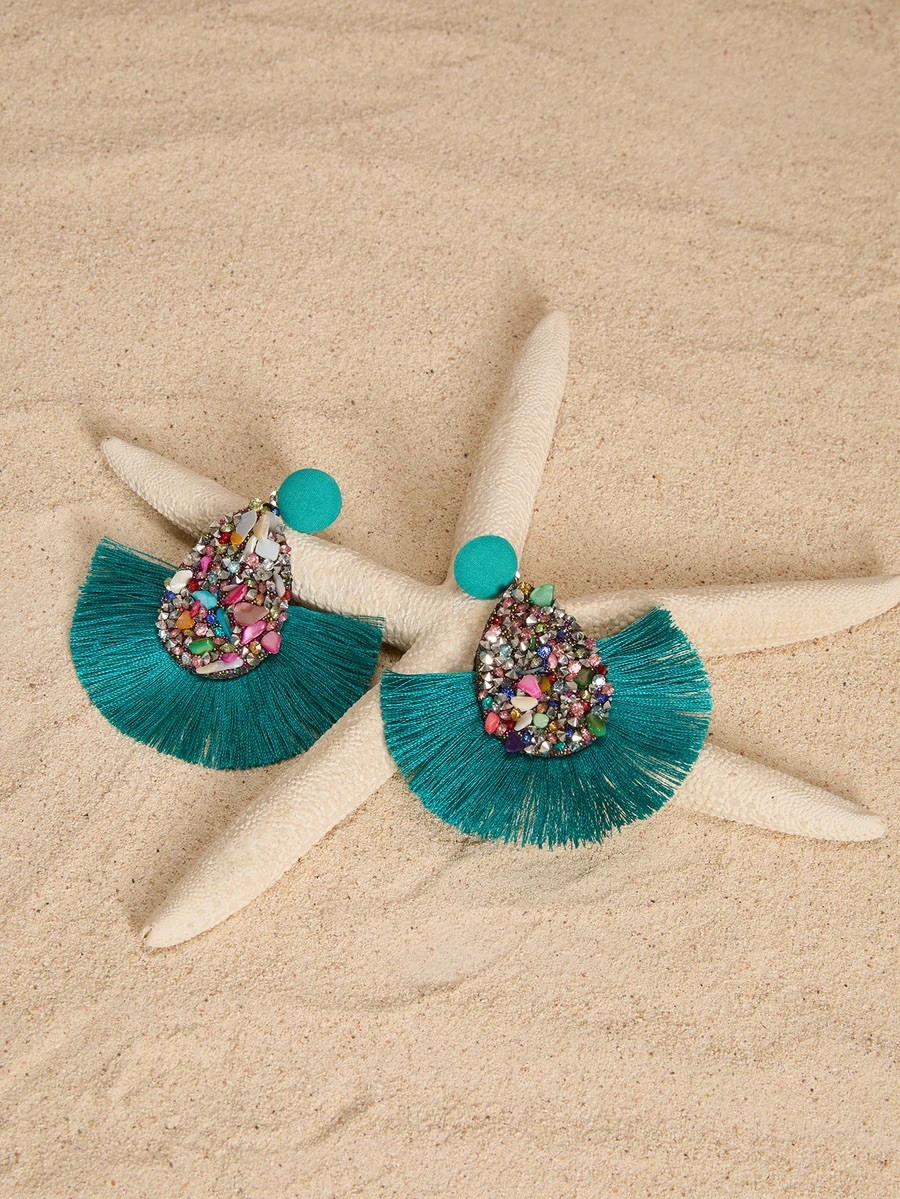 Ettika Turquoise Boho Tassel Statement Earrings Turquoise Fringe Crystal CZ Glam