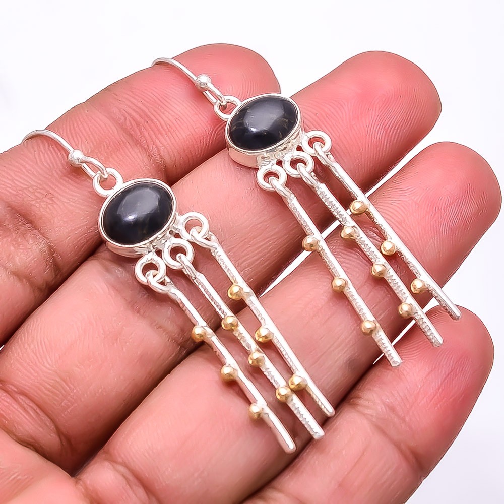 Copper Black Obsidian 925 Sterling Silver Two Tone Earring 2.15″ E_9279_233_25