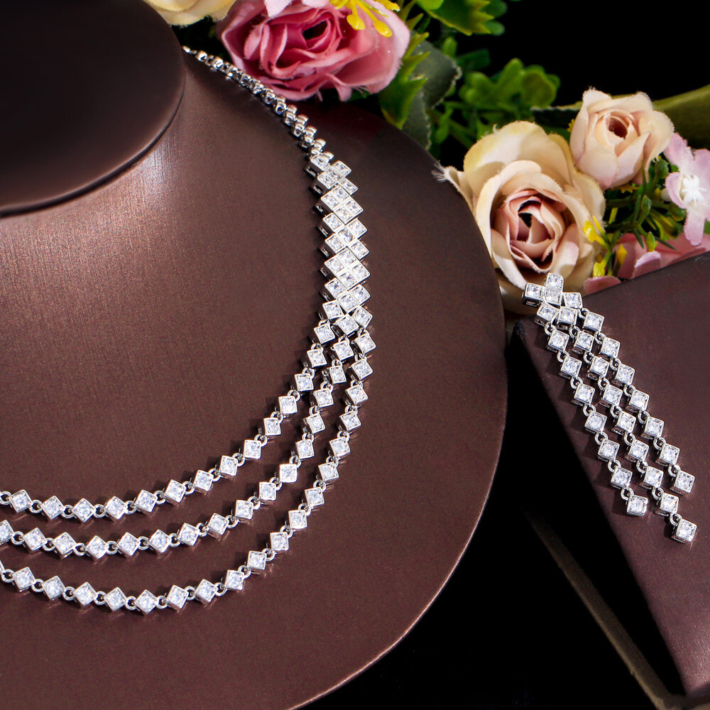 Silver Plated Zircon Multi-layer Necklace Long Tassel Earrings Women Jewelry Set