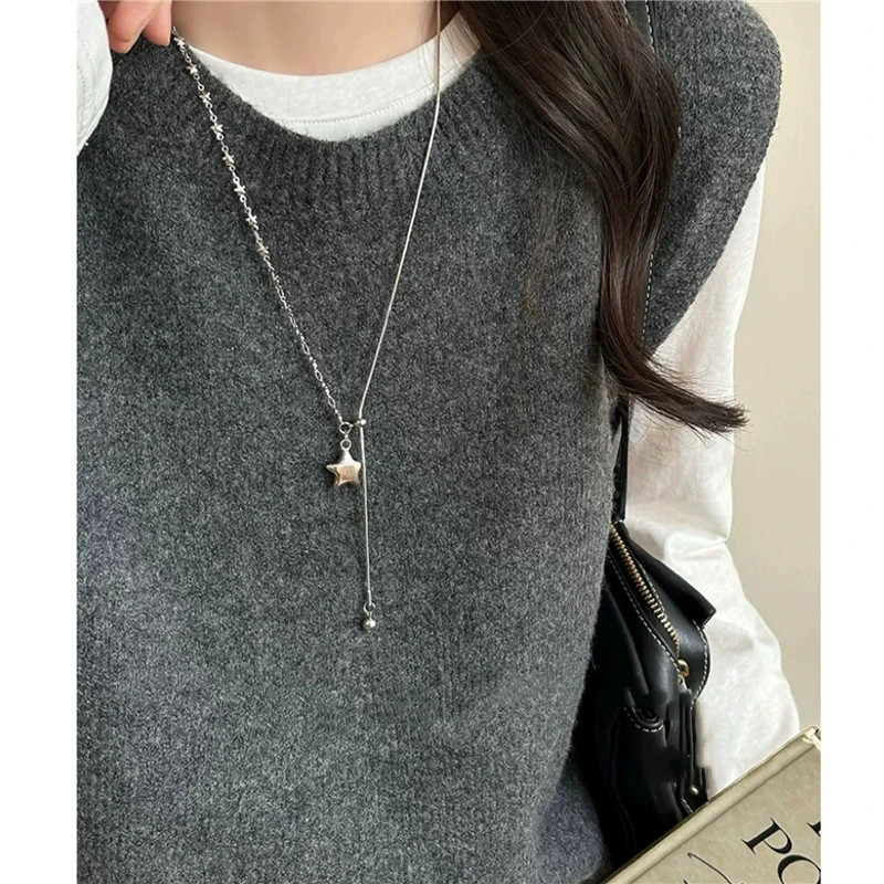 Silver Color Asymmetrical Star Pendant Adjustable Snake Chain Necklace for Women