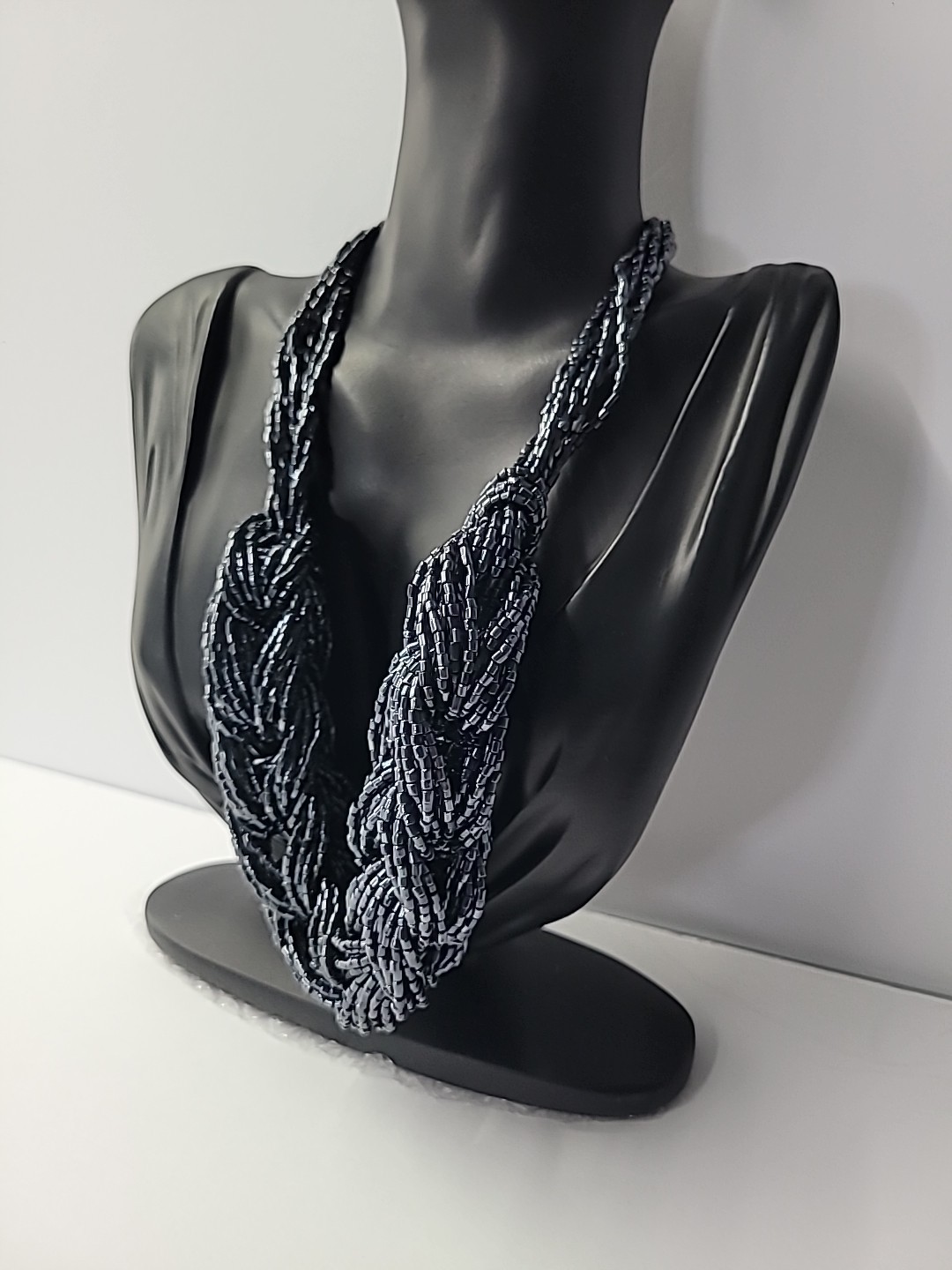Multi Strand Seed Bead Necklace Twisted Navy Black Statement Jewelry