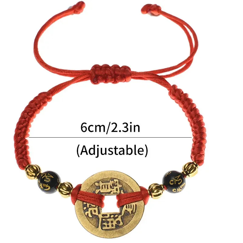 Lucky Five Emperor Money Real Copper Coin Braided Red Rope Bracelet Good Luck