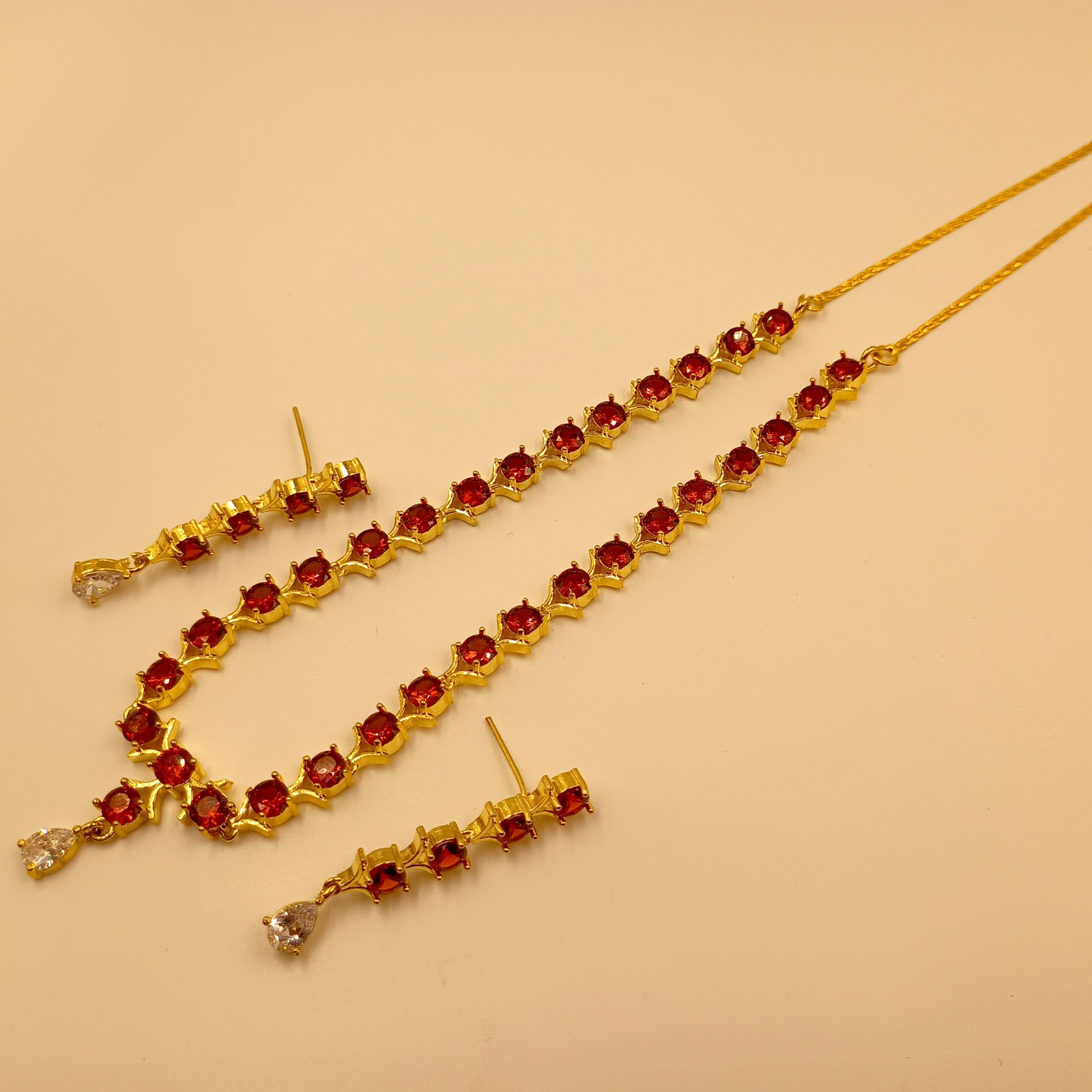 22K Gold Plated Rubellite Tourmaline Necklace Set Traditional Indian Choker Gift