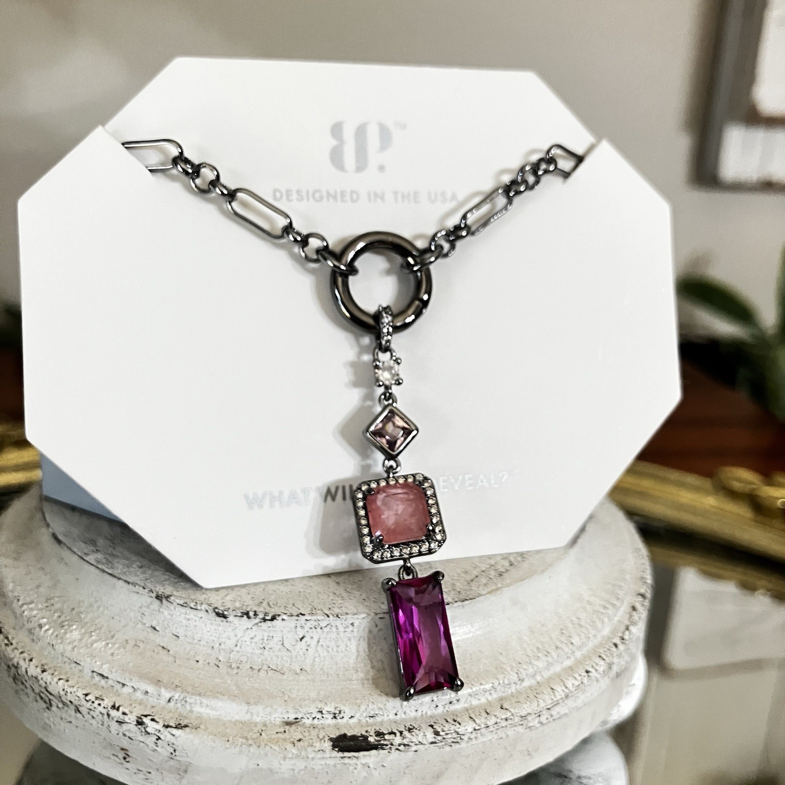 Bomb Party Necklace “She’s Everything” Gradient Rose Quartz on Hematite NK26264