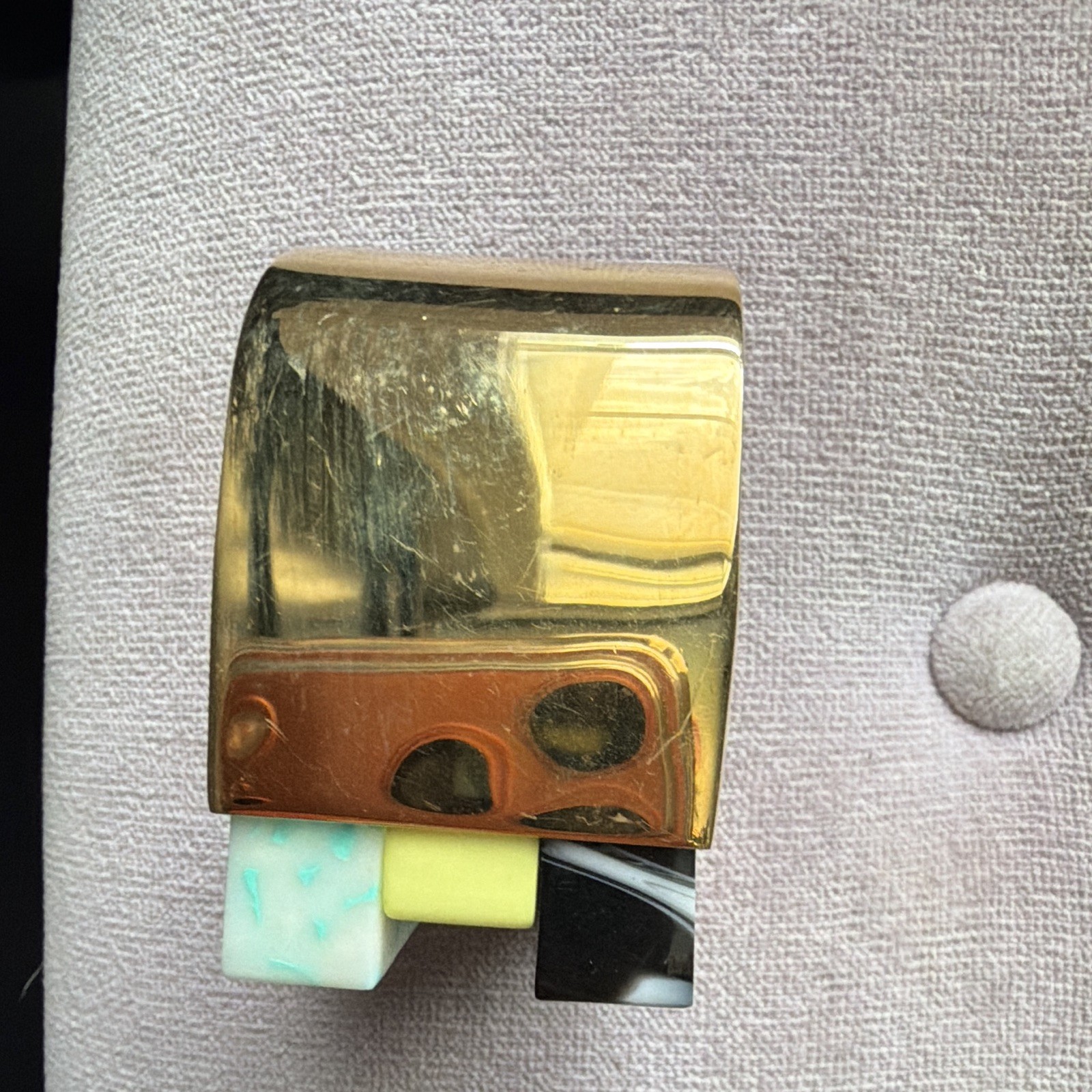 Stella McCartney Signed Gold Tone Brass Cuff Bracelet with Multicolor Inlay