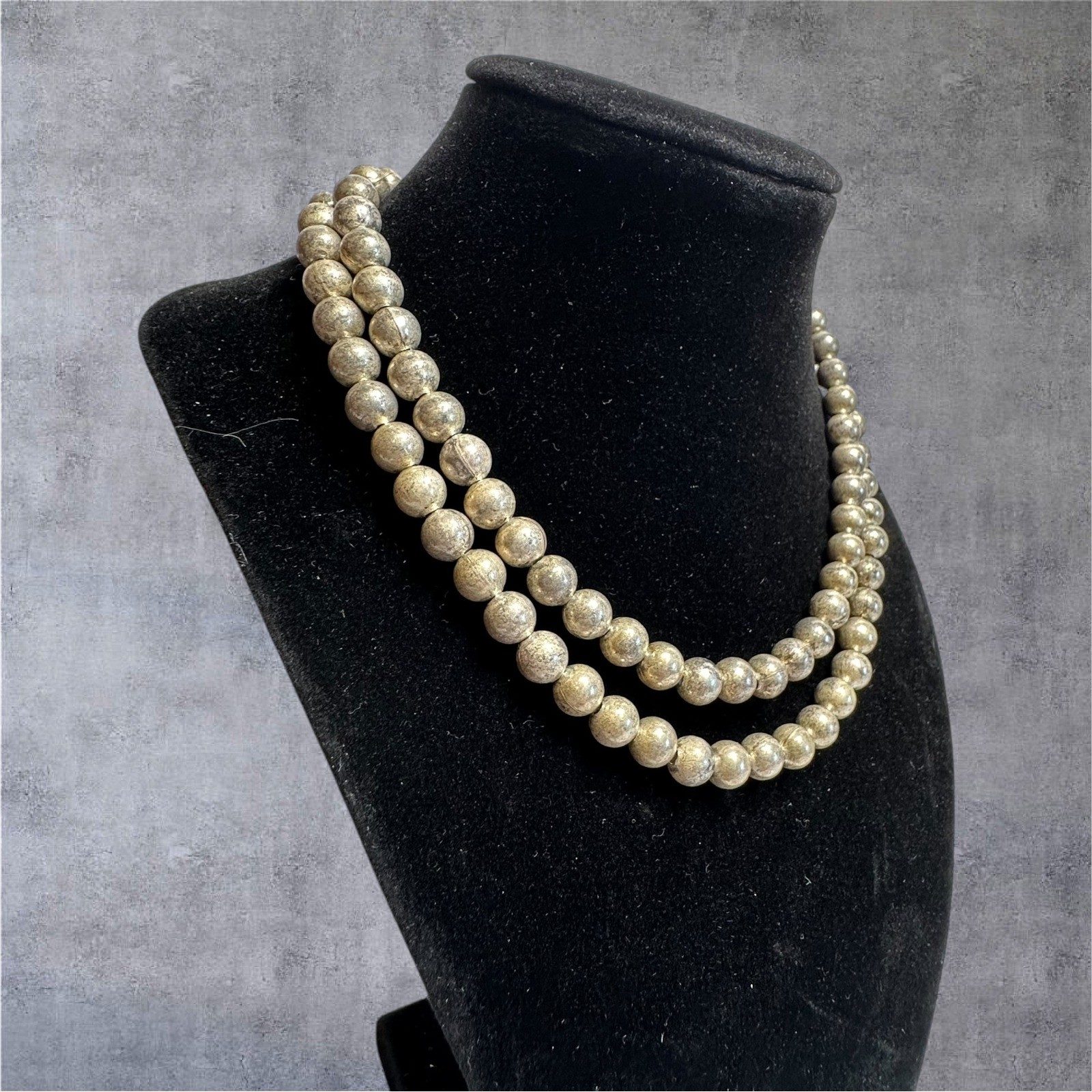 30in Silver Tone Metal Beaded Necklace Antique Textured Statement