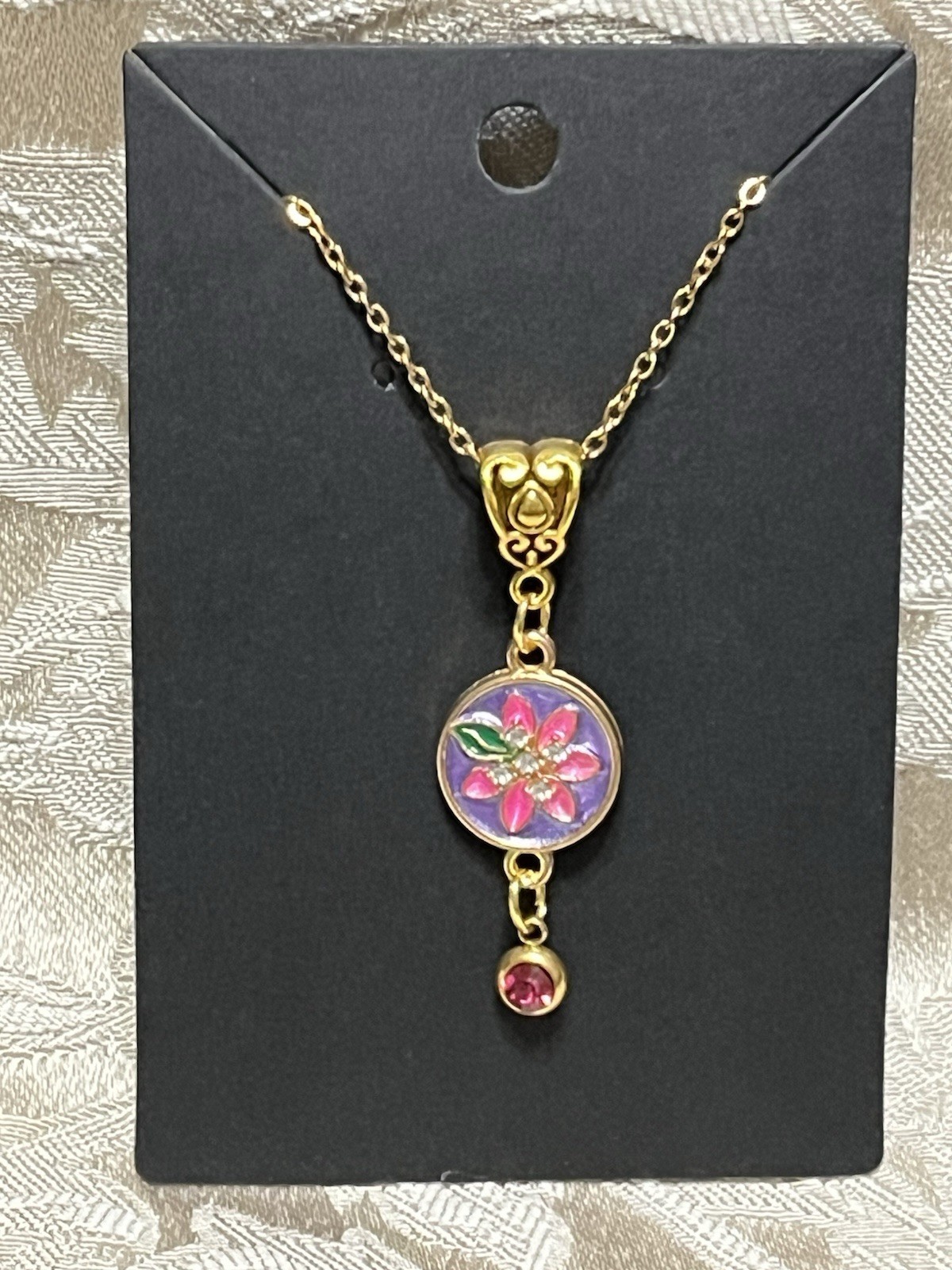 Retro Floral Gem Enamel Pendant Gold 18” Necklace Bohemian Floral Novelty
