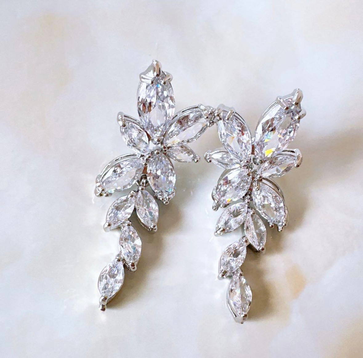 Crystal Floral Drop Earrings Bridal Wedding CZ Leaf Dangle Silver Women Jewelry