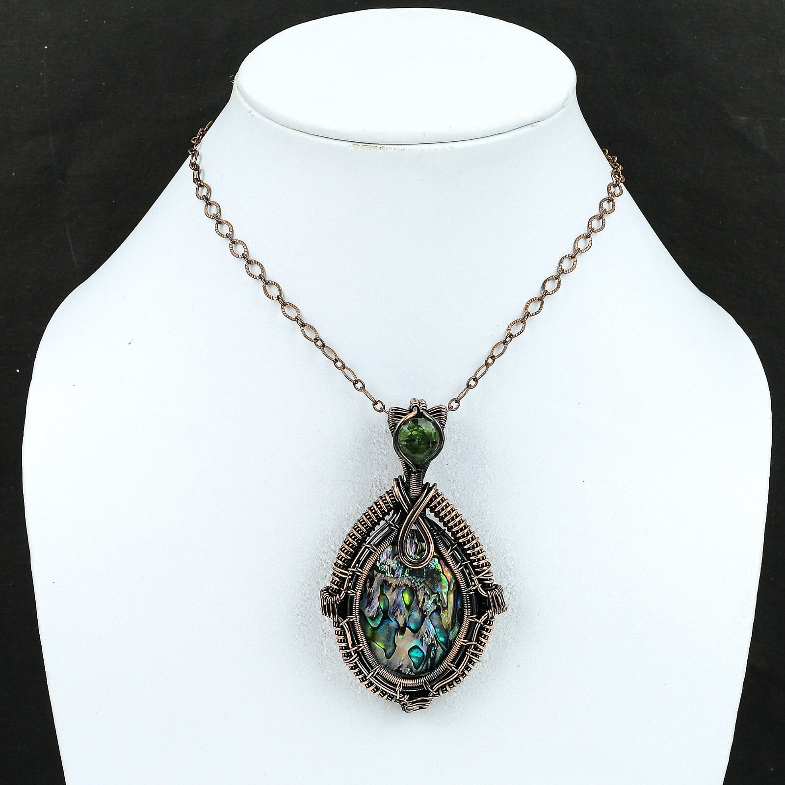 Abalone Shell Wire Wrapped Pendant Handcrafted Copper Partywear 3.15″