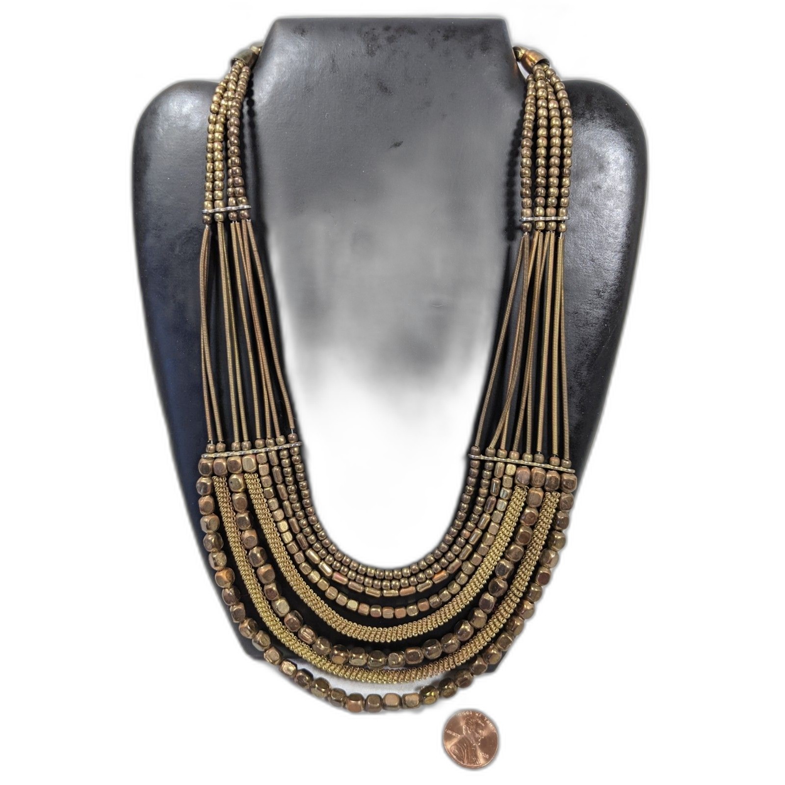 Boho Multi Strand Necklace Bronze Layered Mesh Metal Beads Bib Collar Tribal