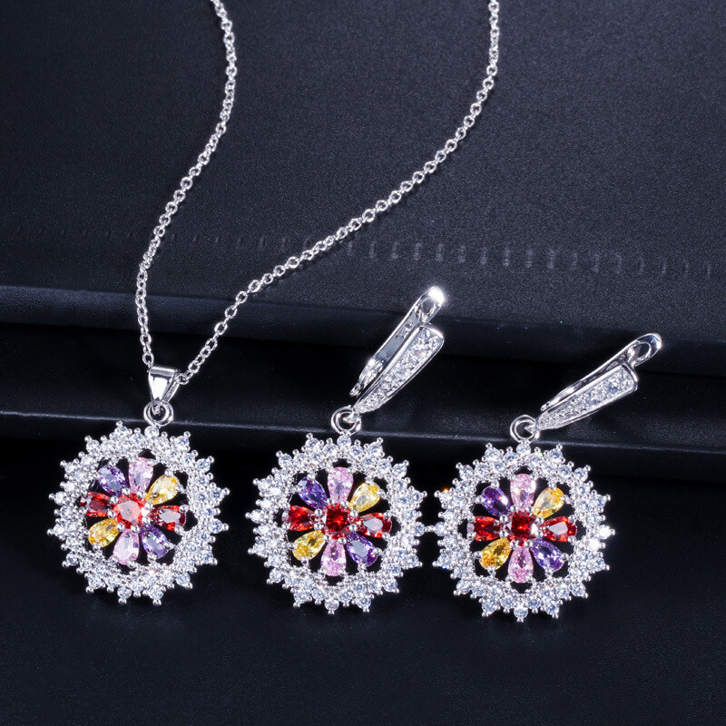 Pretty Flower Pendant Necklace Earrings Ring Set Silver Plated Women CZ Jewelry
