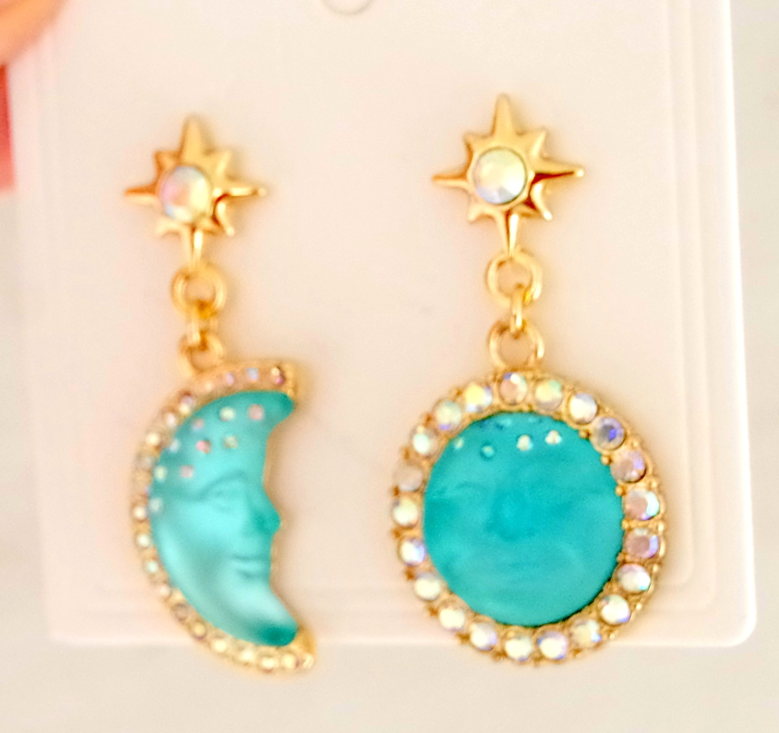2″ KIRKS FOLLY BLUE SEAVIEW MOON FACE AB CRYSTAL RHINESTONE DROP DANGLE EARRINGS