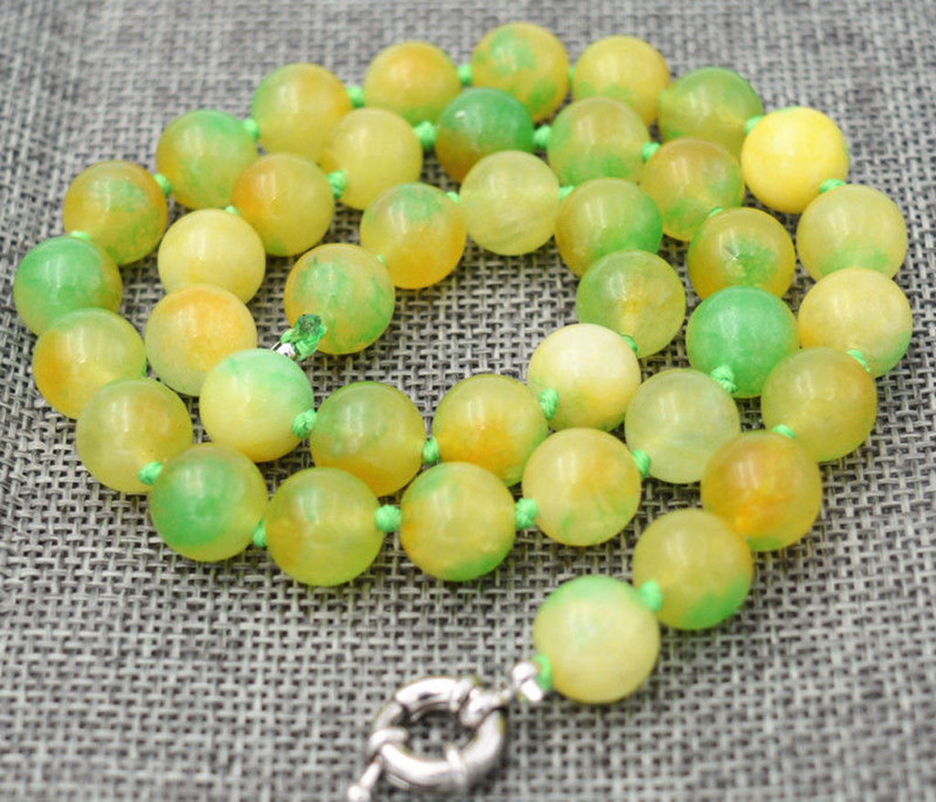 10mm Green Yellow Multicolor Jade Round Gemstone Beads Necklace 18”