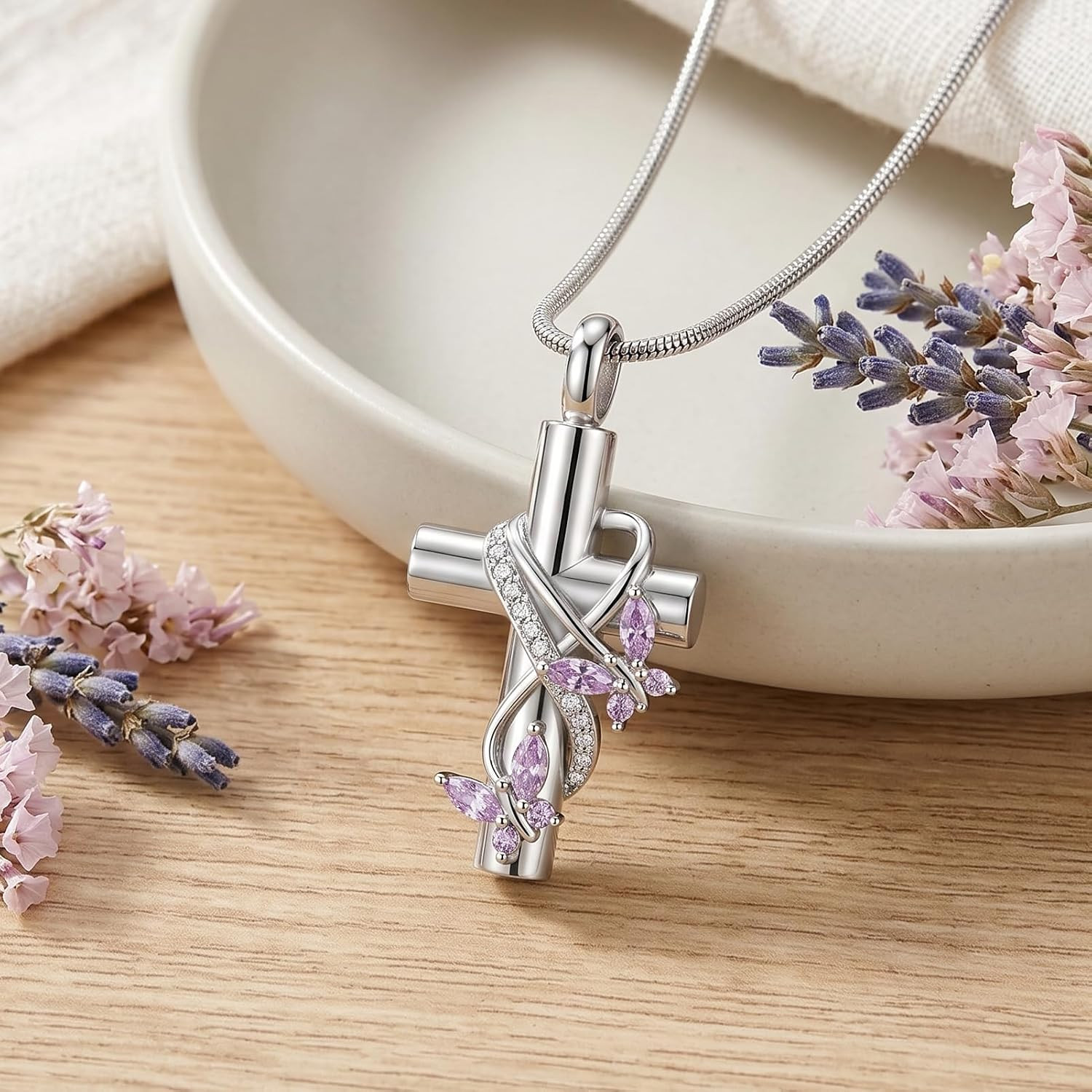 Butterfly Cross Urn Necklace for Ashes with Crystal Stainless Steel Cremation Je