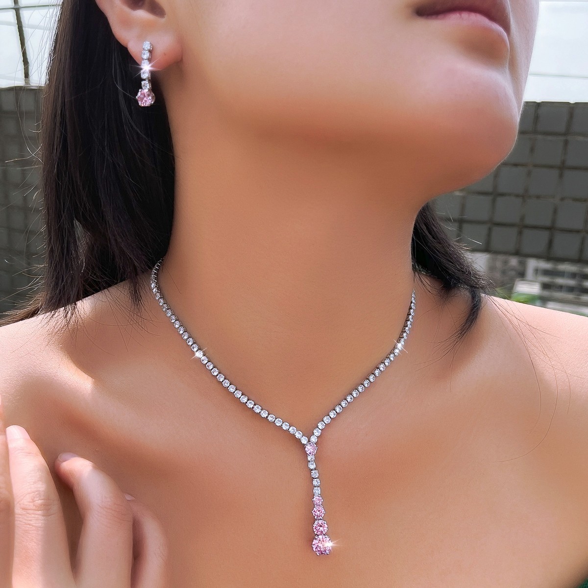 Women Stylish Long Drop Necklace and Earrings Silver Plated Round CZ Jewelry Set