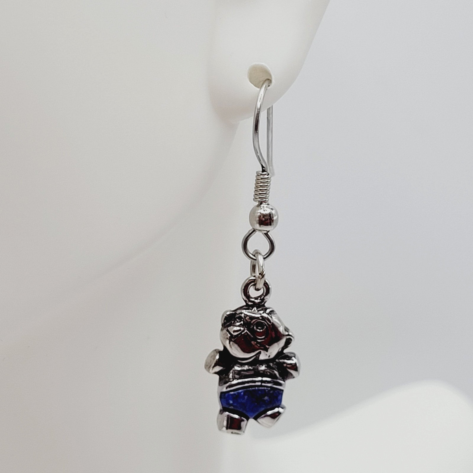 SW Waldeck Johnson Teddy Bear Lapis Lazuli Silver Tone Pierced Hook Earrings
