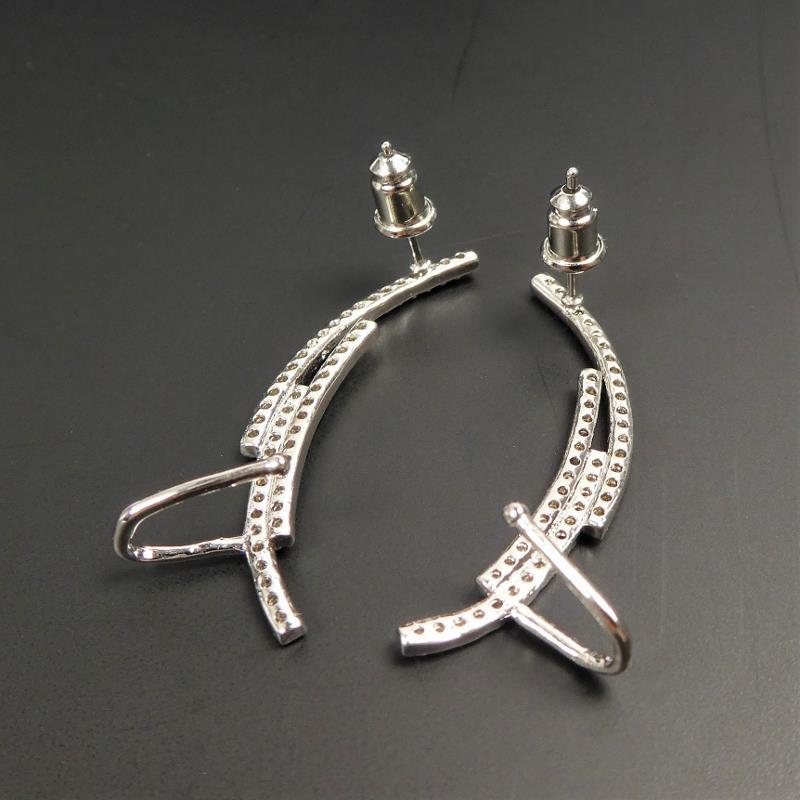 Shiny Silver Rhodium Plated CZ Pave Minimal Lines Earrings Ear Climber Crawler