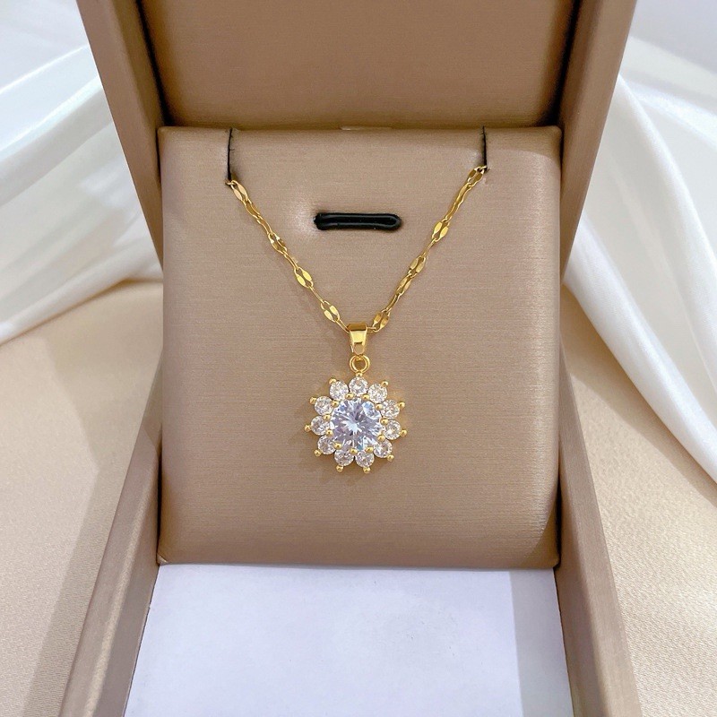 Gold Tone Cubic Zirconia Pendant Necklace & Stud Earrings Jewelry Set