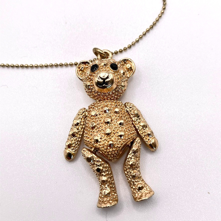 Articulated Teddy Bear pendant necklace gold tone metal 42cm costume jewellery
