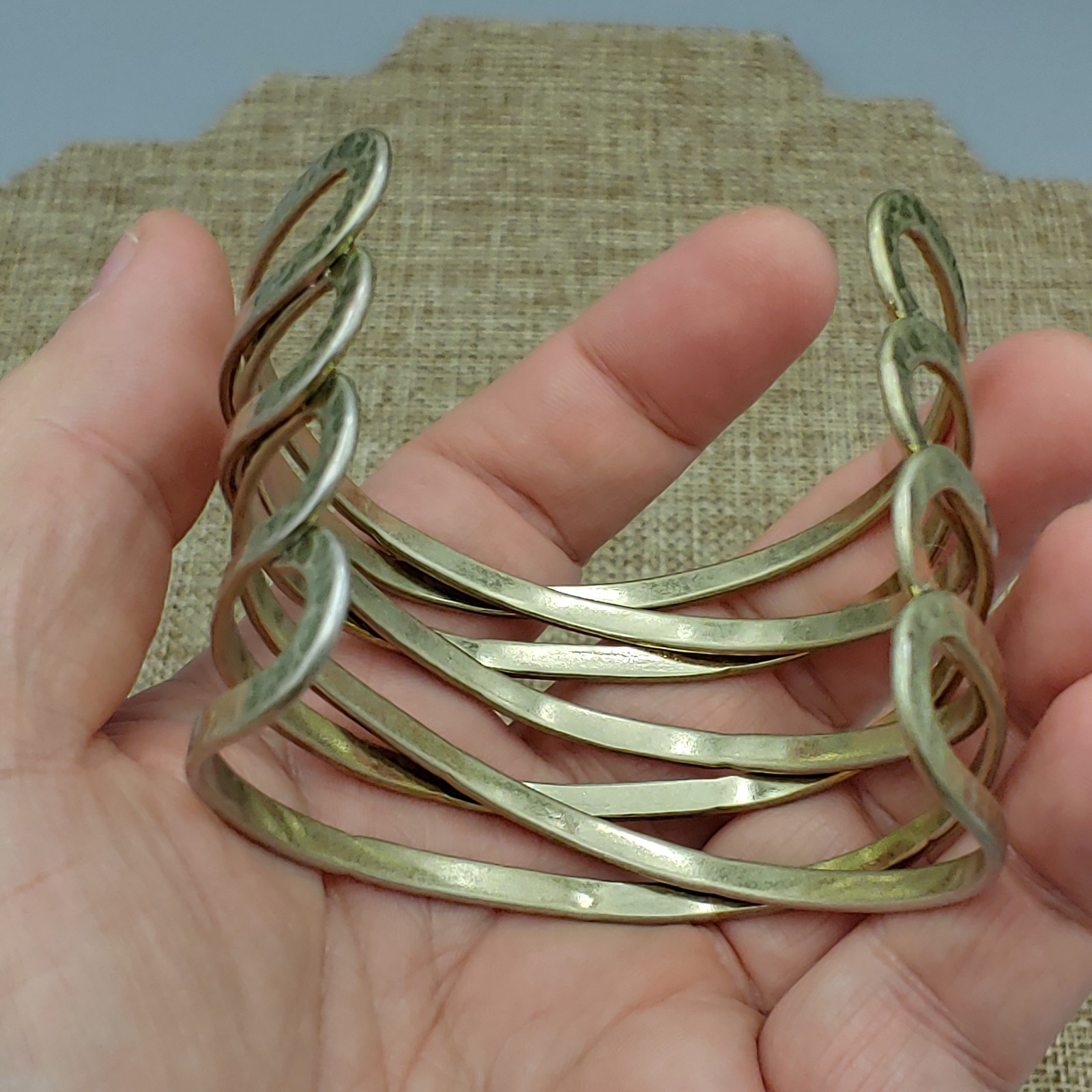 Cuff Hammered Bracelet Wide Gold Tone Metal Open “X” Cross Weave Statement 7″