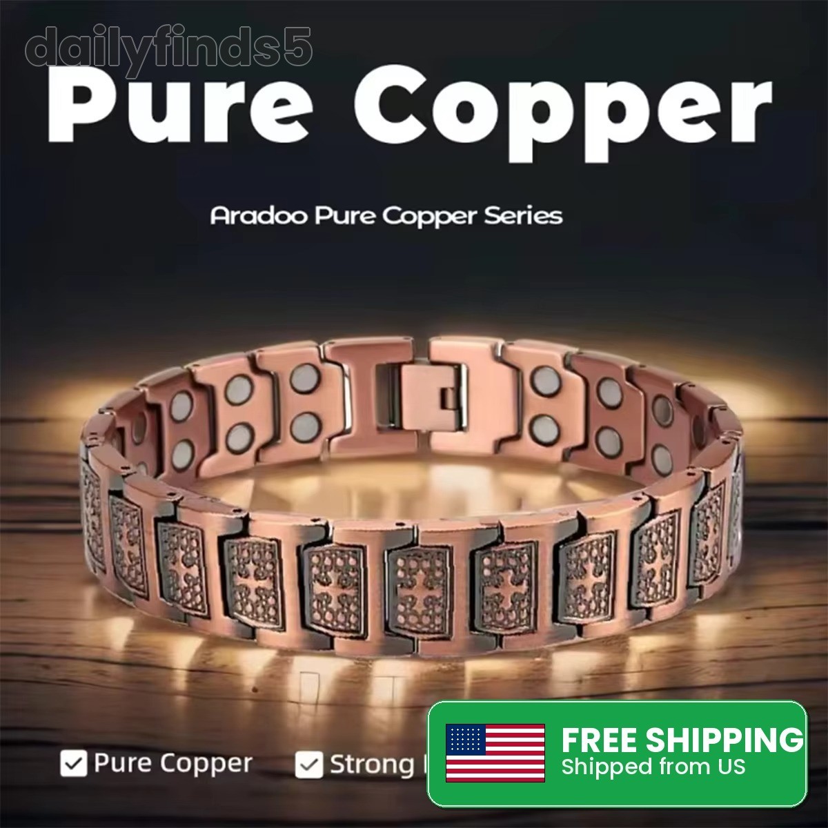 100% Pure Copper Energy Chain Bracelet Magnets Cross Crucifix Therapy Health
