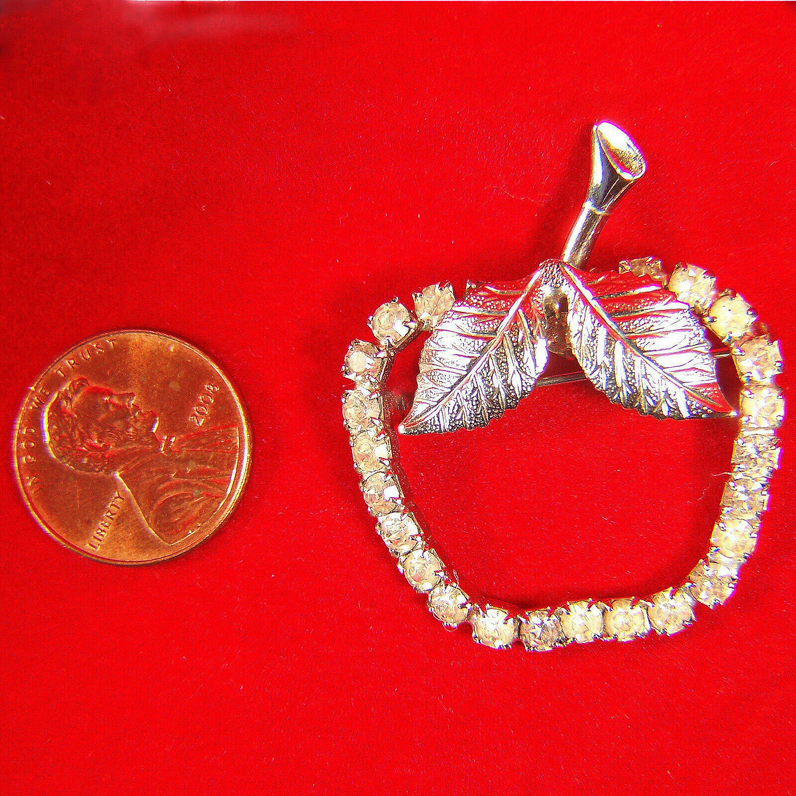 Vintage Pin Apple Fruit Shaped Leaf Crystal Rhinestone Silvertone Metal Brooch