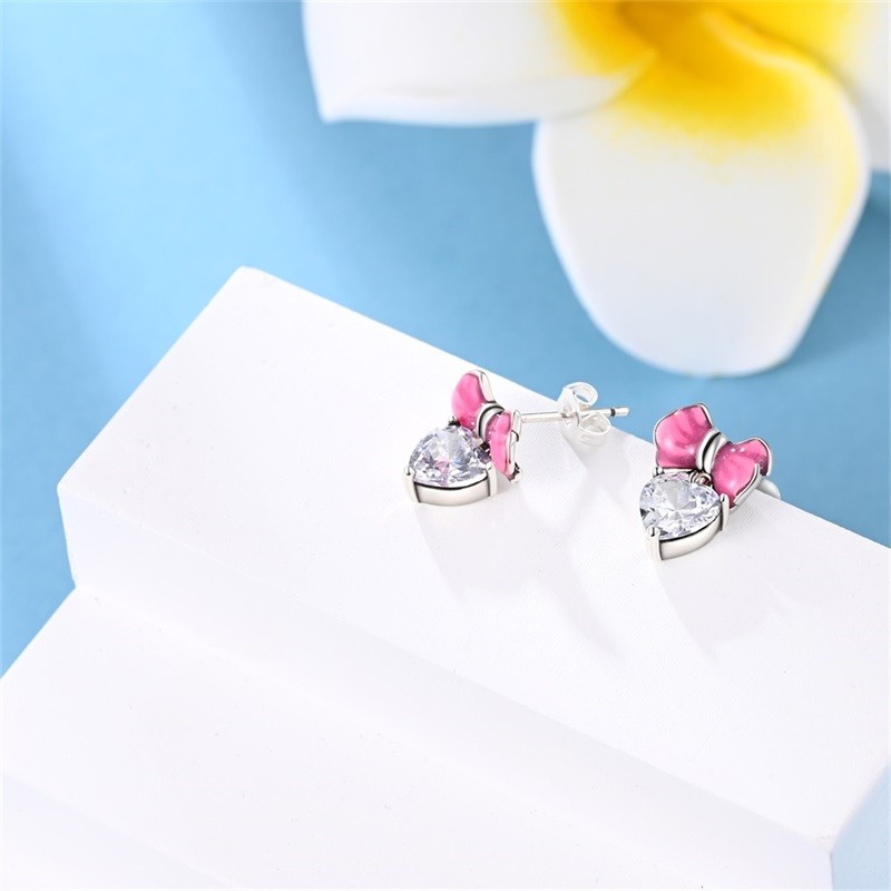 PANDACH 925 Sterling Silver Tiny Sweet Heart Bow Stud Earrings For Women Girls