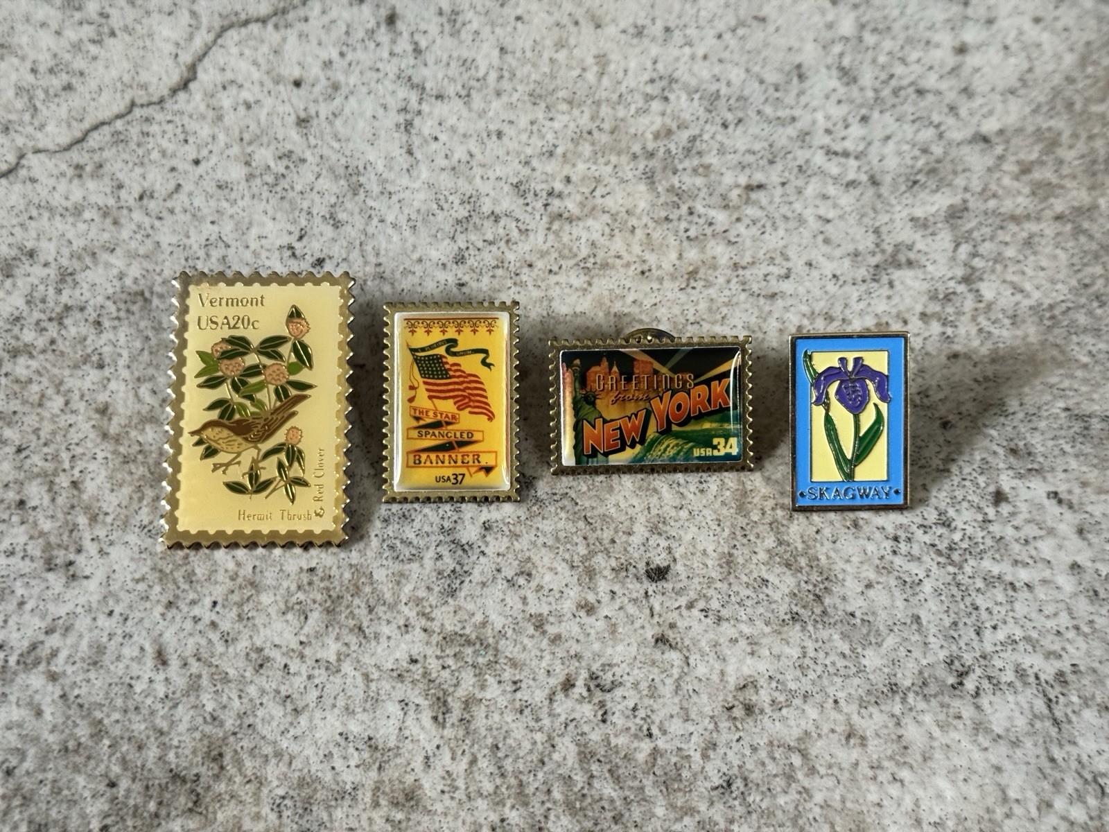 Vintage USPS Stamp Replica Pins Set Vermont State Flower New York Iris Flag