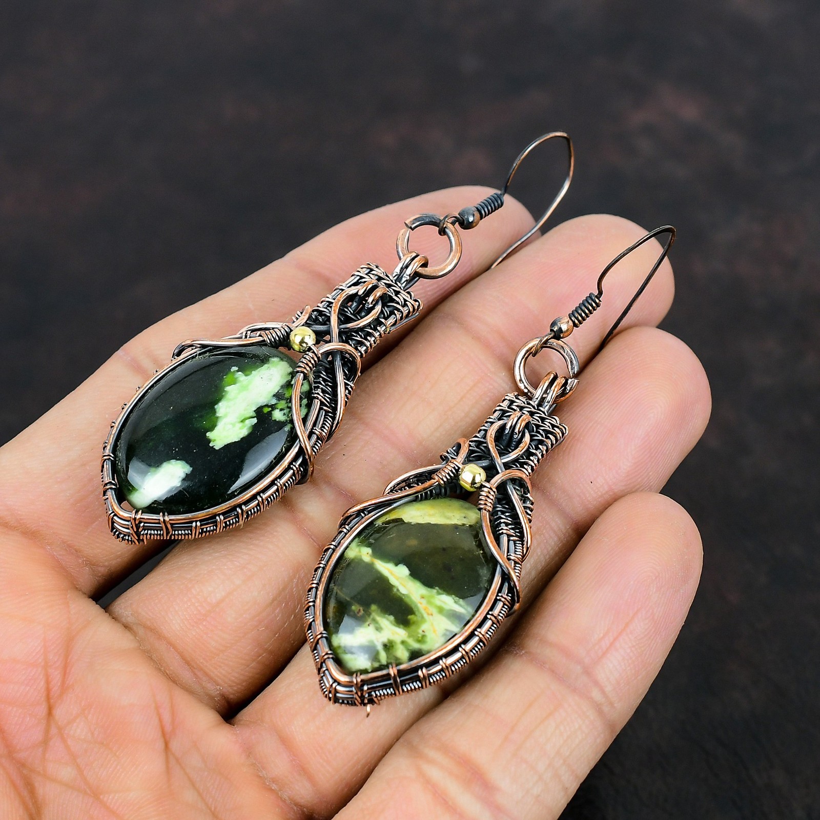 Copper Natural Australian Chrome Chalcedony Wire Wrapped Dangle Drop Earrings