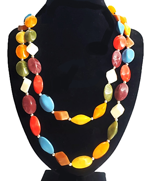 Bohemian Bead Necklace and Bracelet Set Multicolored Plastic Resin 40 inches