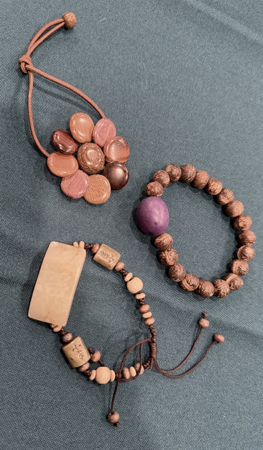 Handmade Wood Bracelet Lot 3 Pc Adjustable Stretch Purple Bead Boho Natural