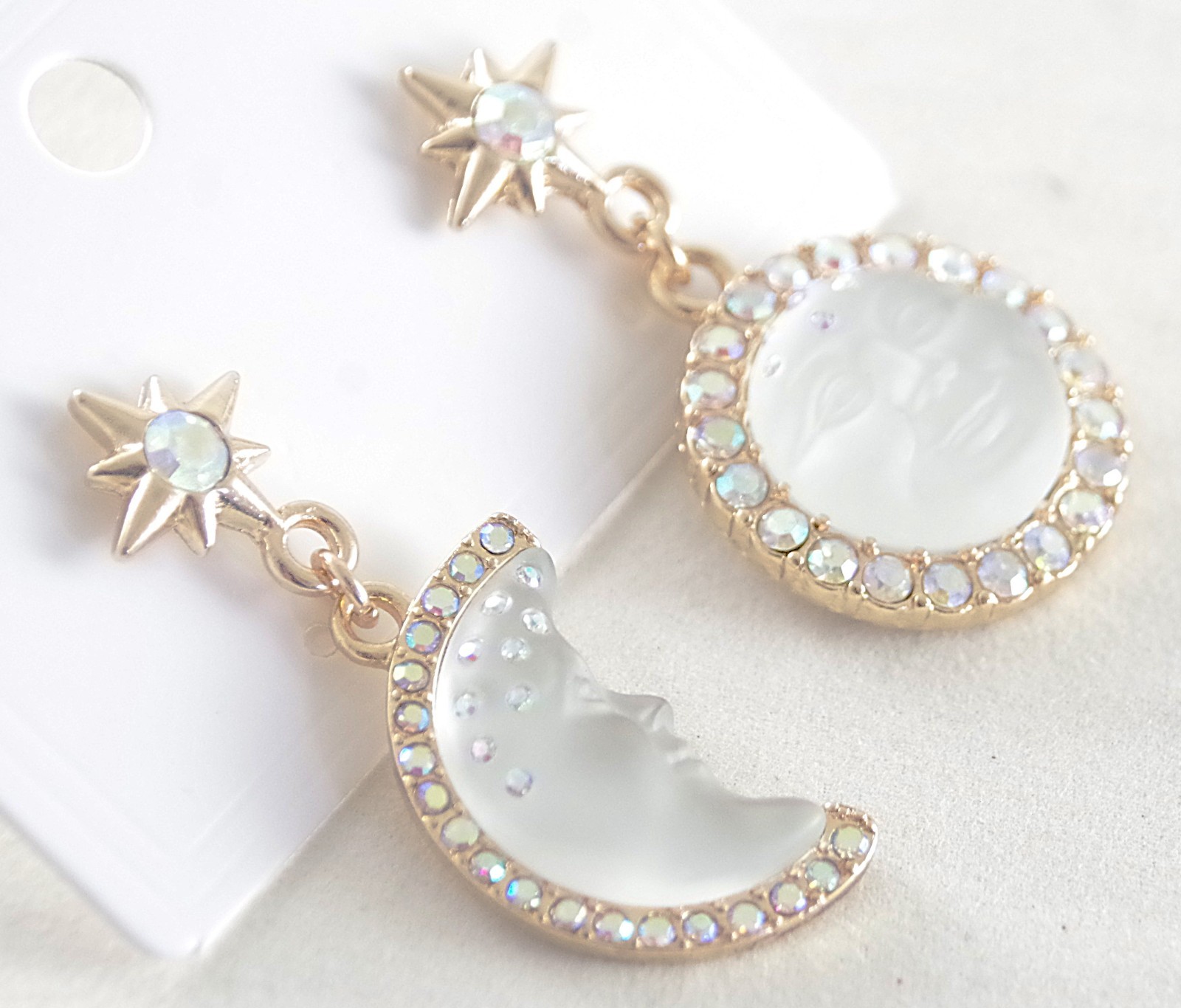 2″ KIRKS FOLLY WHITE SEAVIEW MOON FACE CRYSTAL RHINESTONE DROP DANGLE EARRINGS