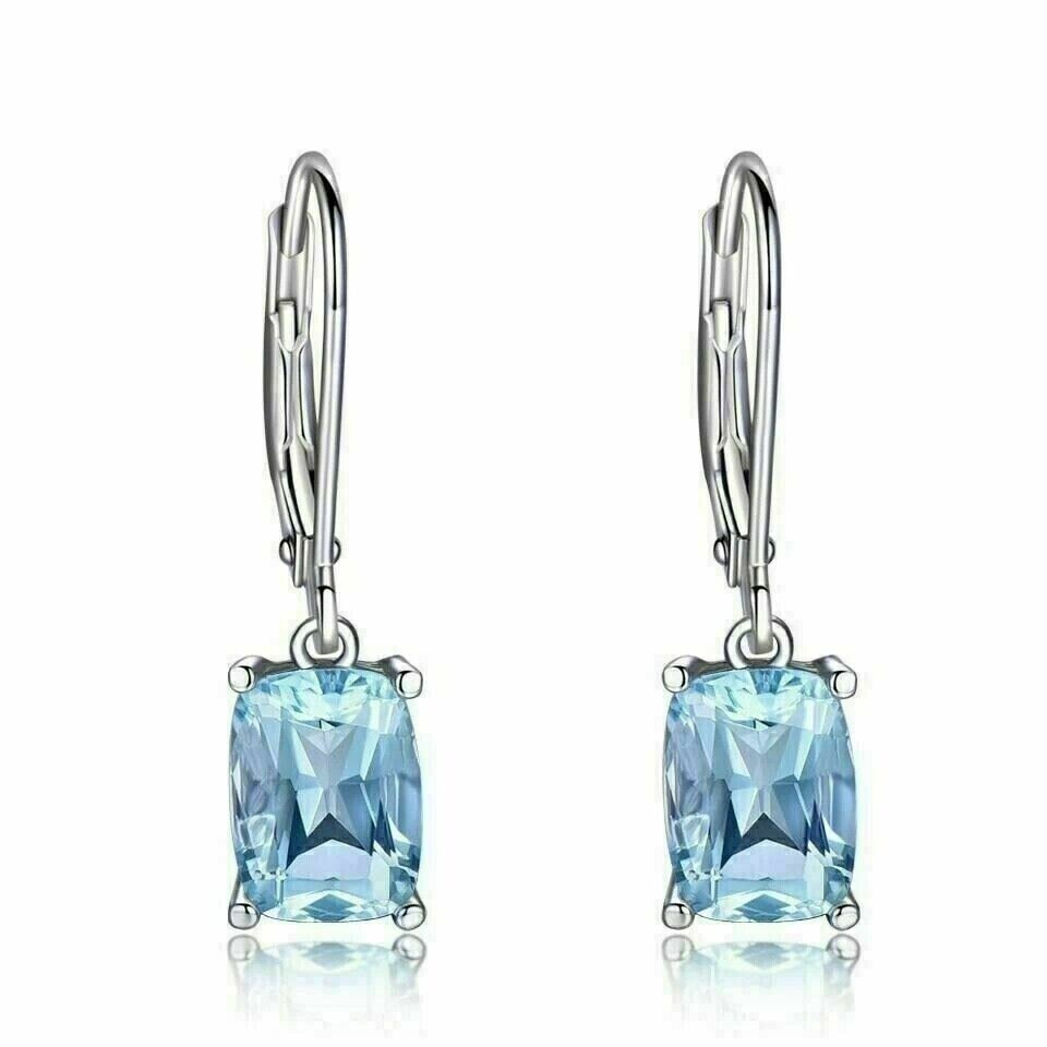 2Ct Cushion Cut Simulated Aquamarine Drop Hook Earring In 14K White Gold Plated