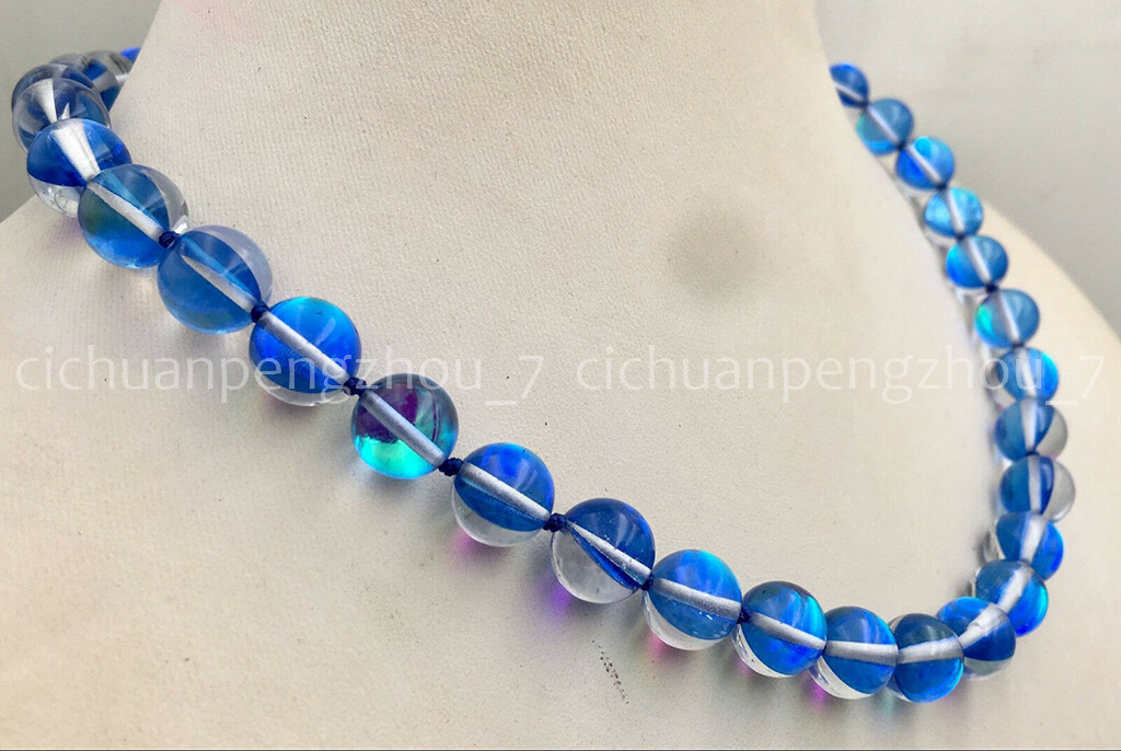 6/8/10/12mm Blue Gleamy Rainbow Moonstone Round Gemstone Beads Necklace 18”