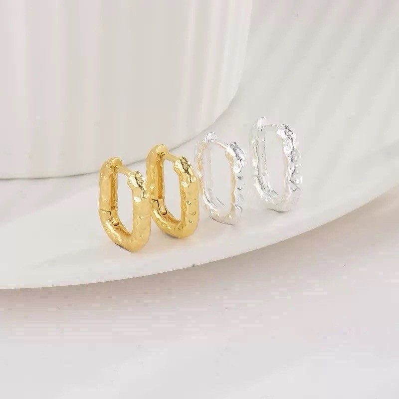 925 Silver Textured Huggie Hoop Earrings 7mm Small Hammered Earrings A47