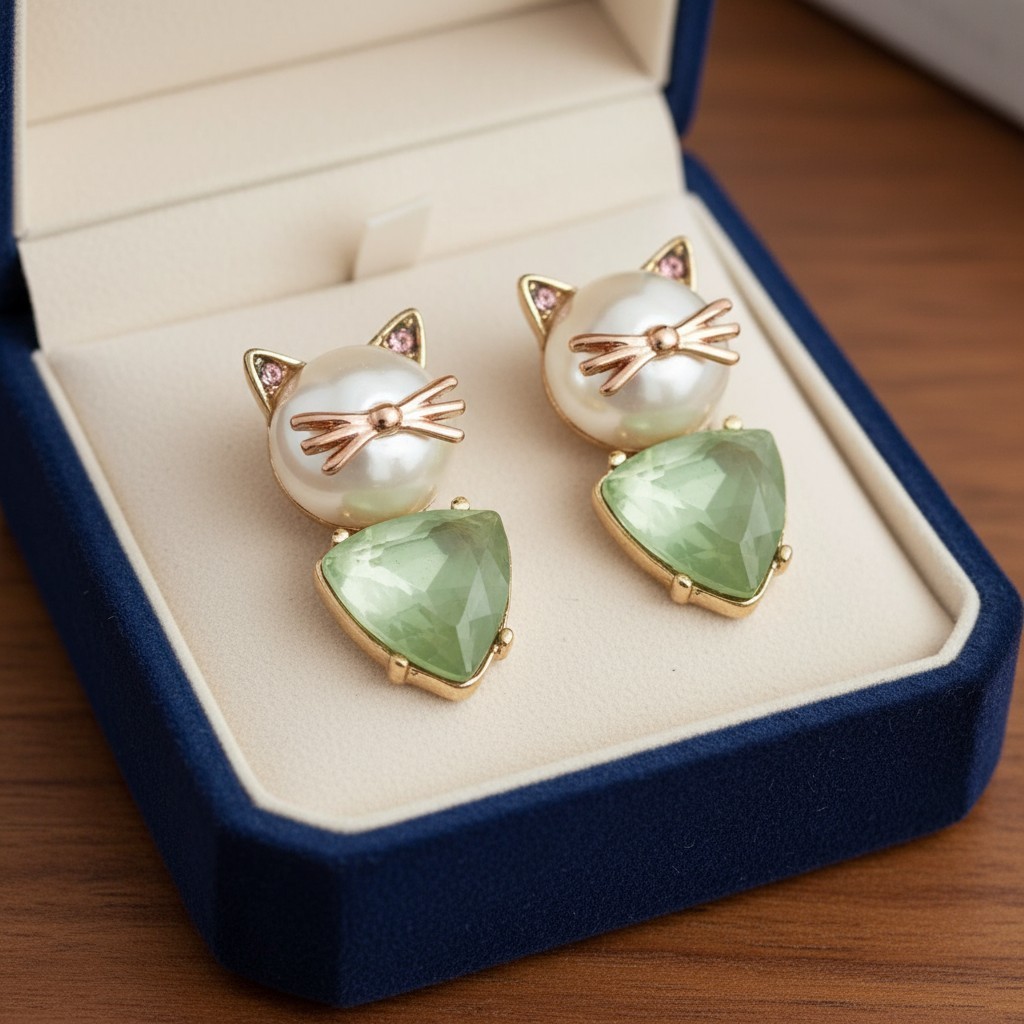 Betsey Johnson Cat Stud Earrings | Pearl Cat Face | Delicate Stone Accents