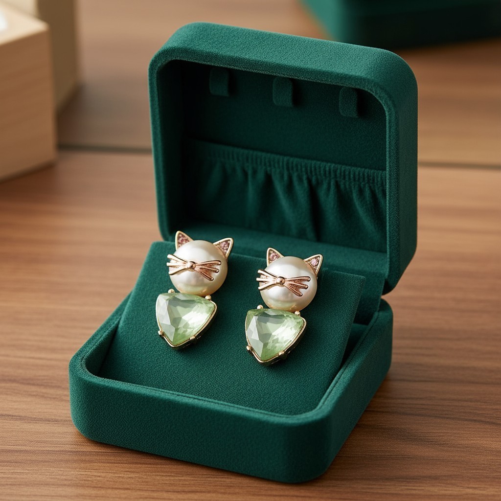 Betsey Johnson Cat Stud Earrings | Pearl Cat Face | Delicate Stone Accents
